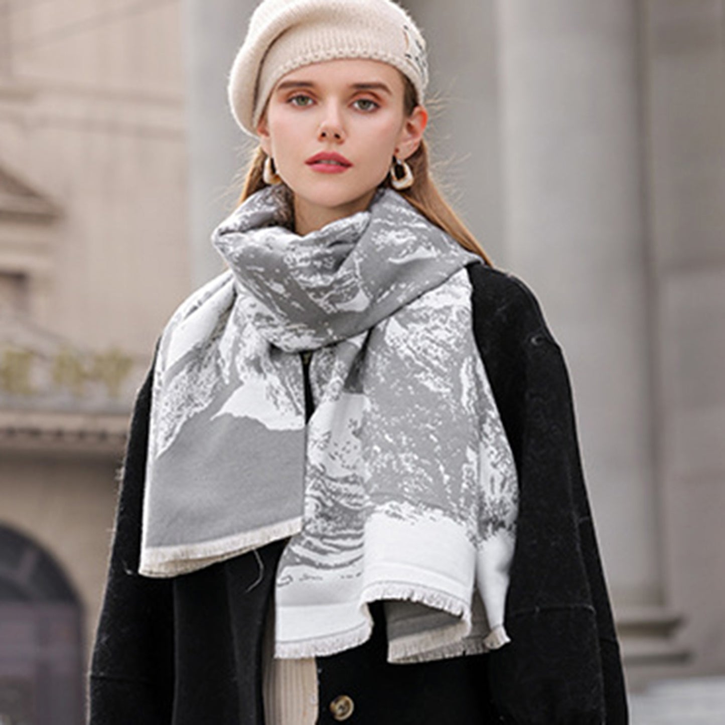 Abstract Print Woven Scarf with Soft Lightweight Fabric Modern Pattern and Frayed Edge Detailing