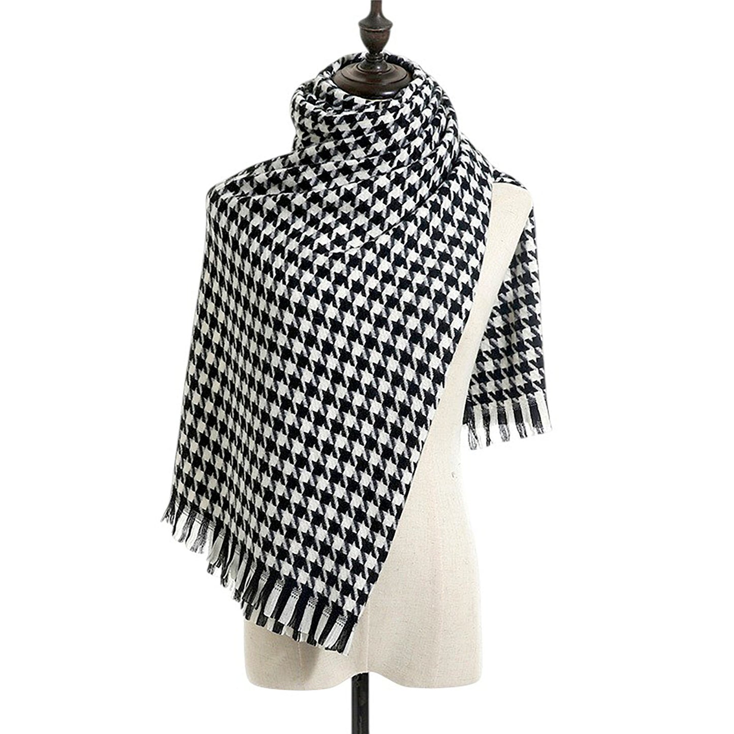 Houndstooth Woven Scarf with Soft Cozy Fabric Classic Black and White Check and Fringe Trim