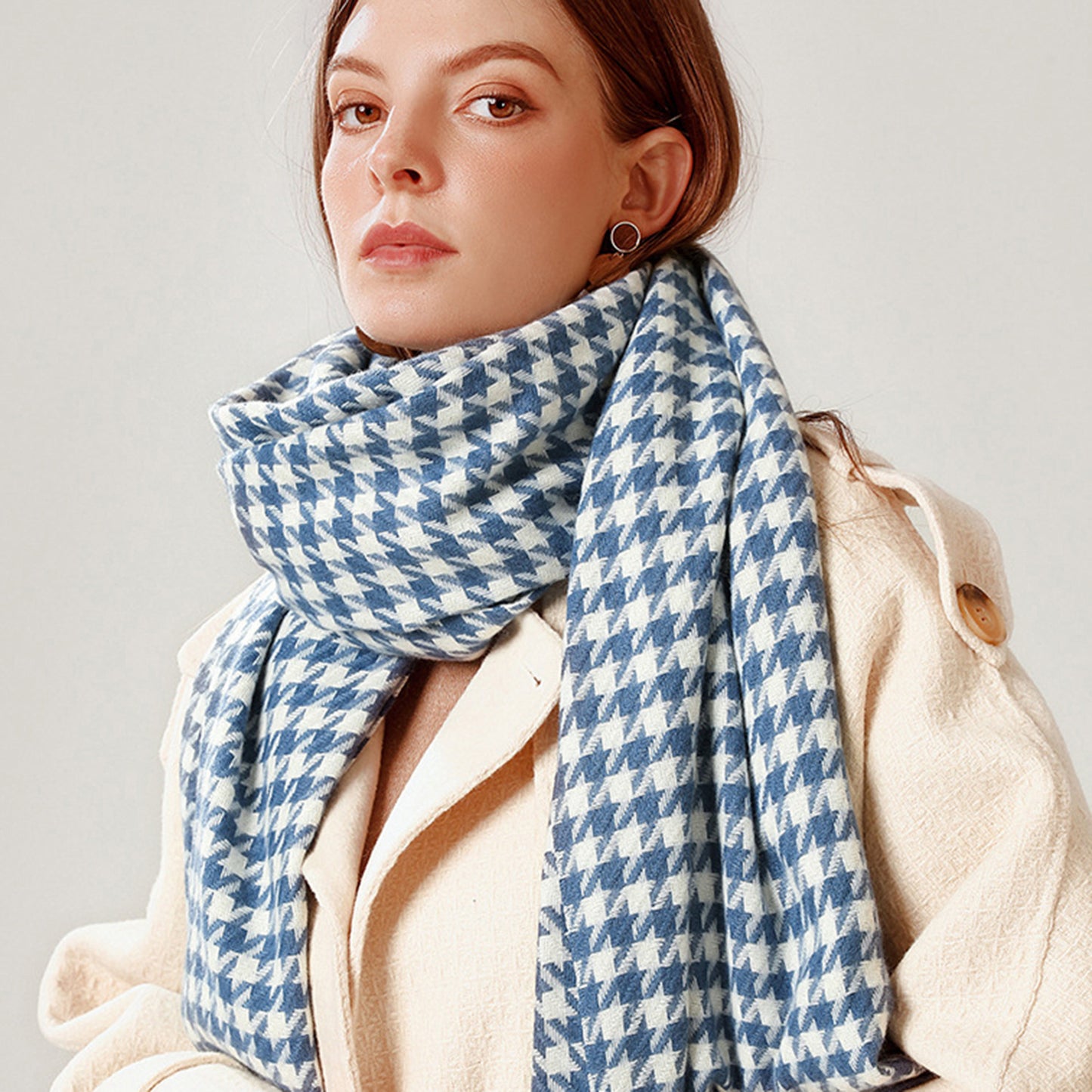 Houndstooth Woven Scarf with Soft Cozy Fabric Classic Black and White Check and Fringe Trim