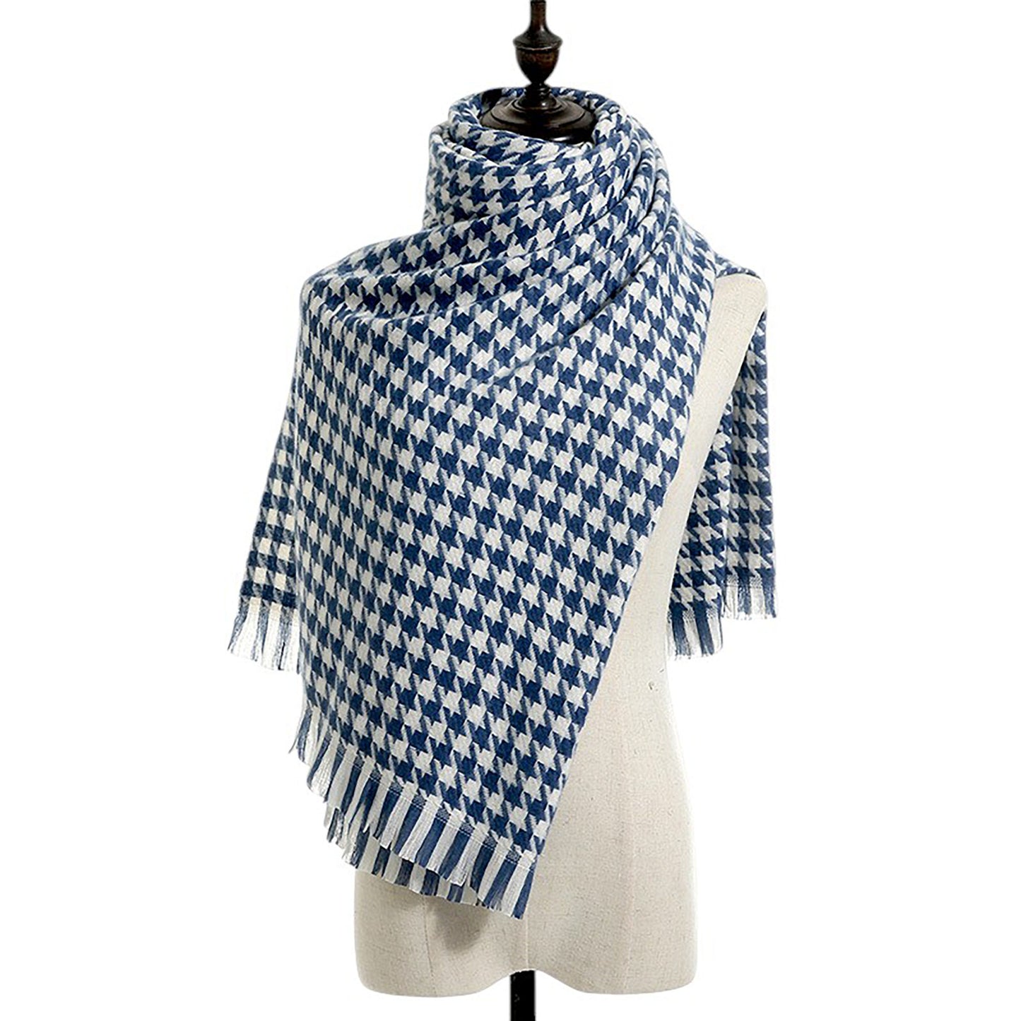Houndstooth Woven Scarf with Soft Cozy Fabric Classic Black and White Check and Fringe Trim