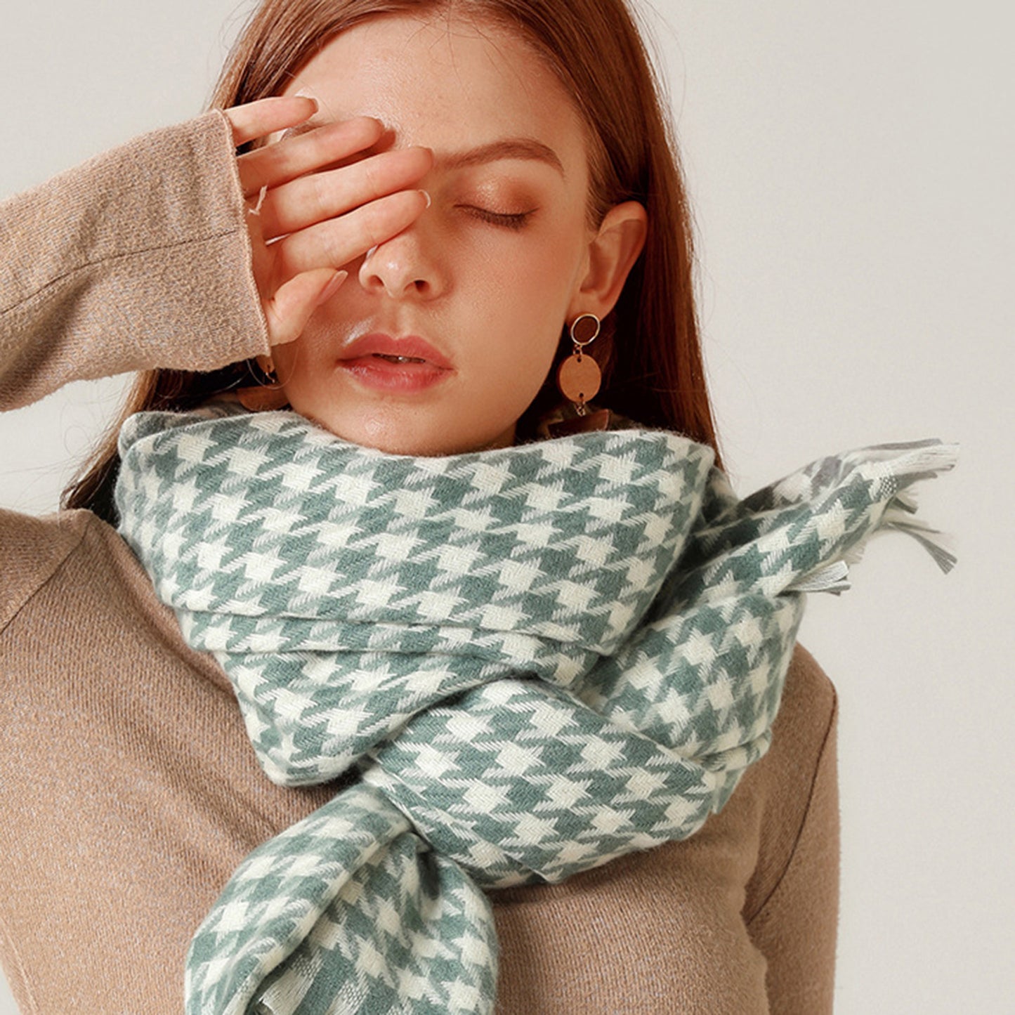 Houndstooth Woven Scarf with Soft Cozy Fabric Classic Black and White Check and Fringe Trim