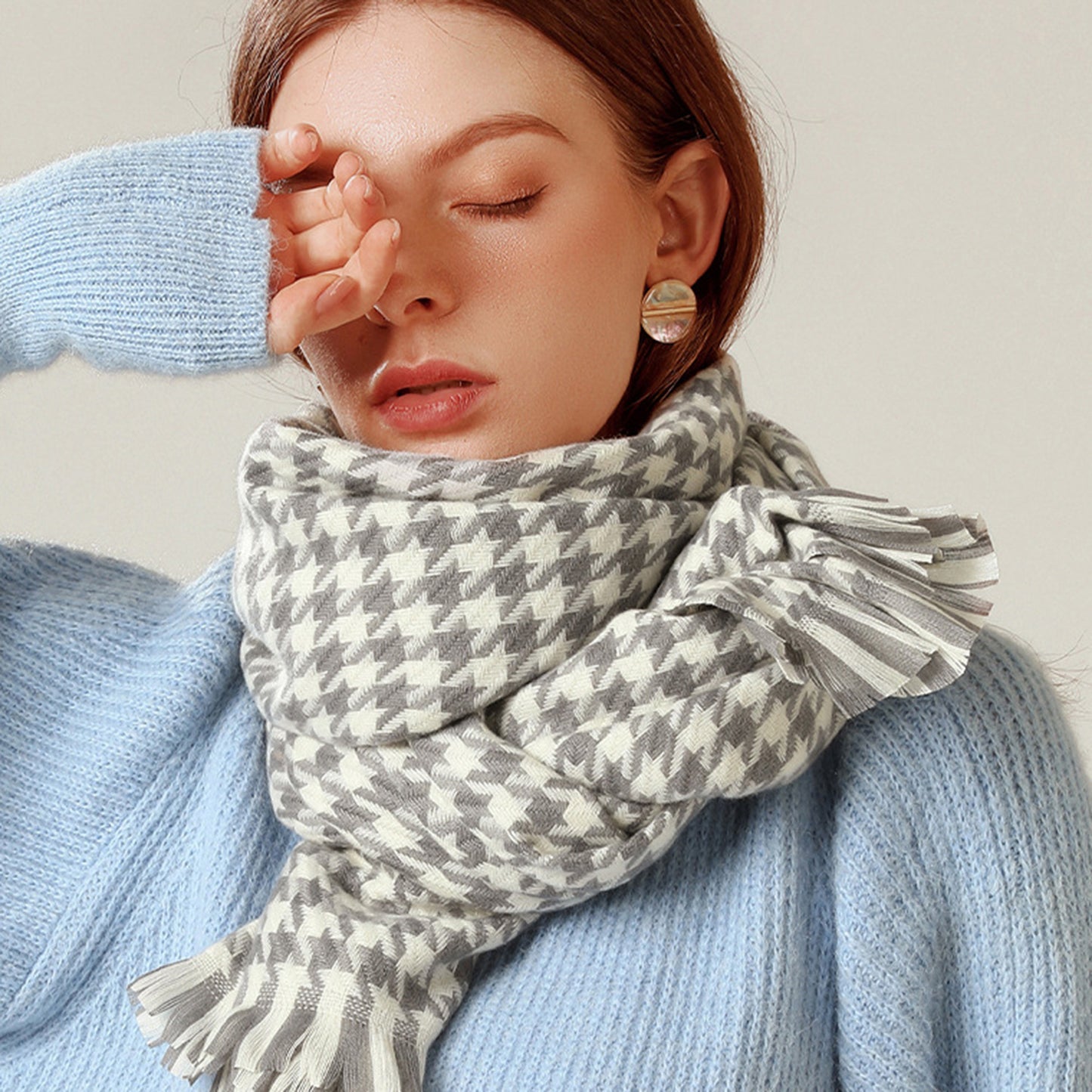 Houndstooth Woven Scarf with Soft Cozy Fabric Classic Black and White Check and Fringe Trim