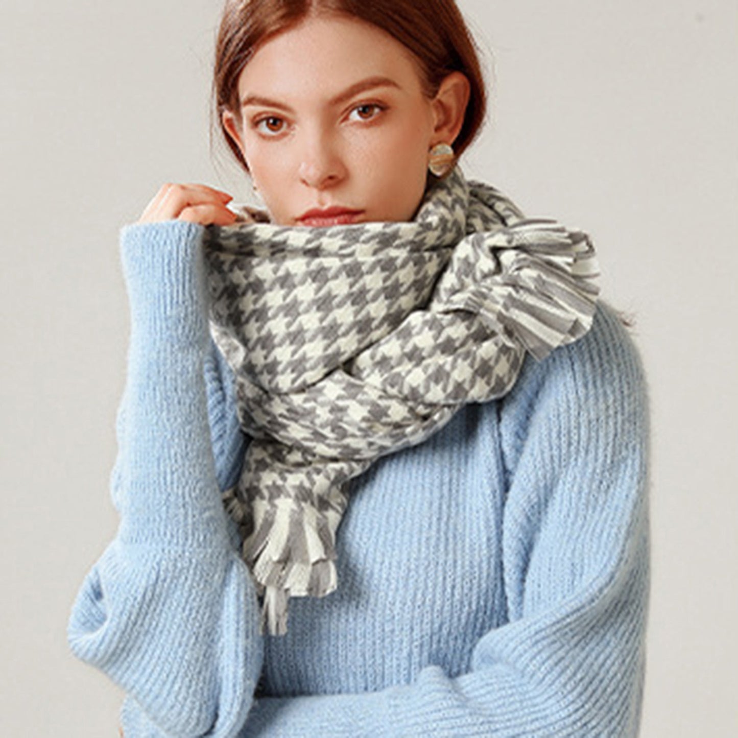 Houndstooth Woven Scarf with Soft Cozy Fabric Classic Black and White Check and Fringe Trim