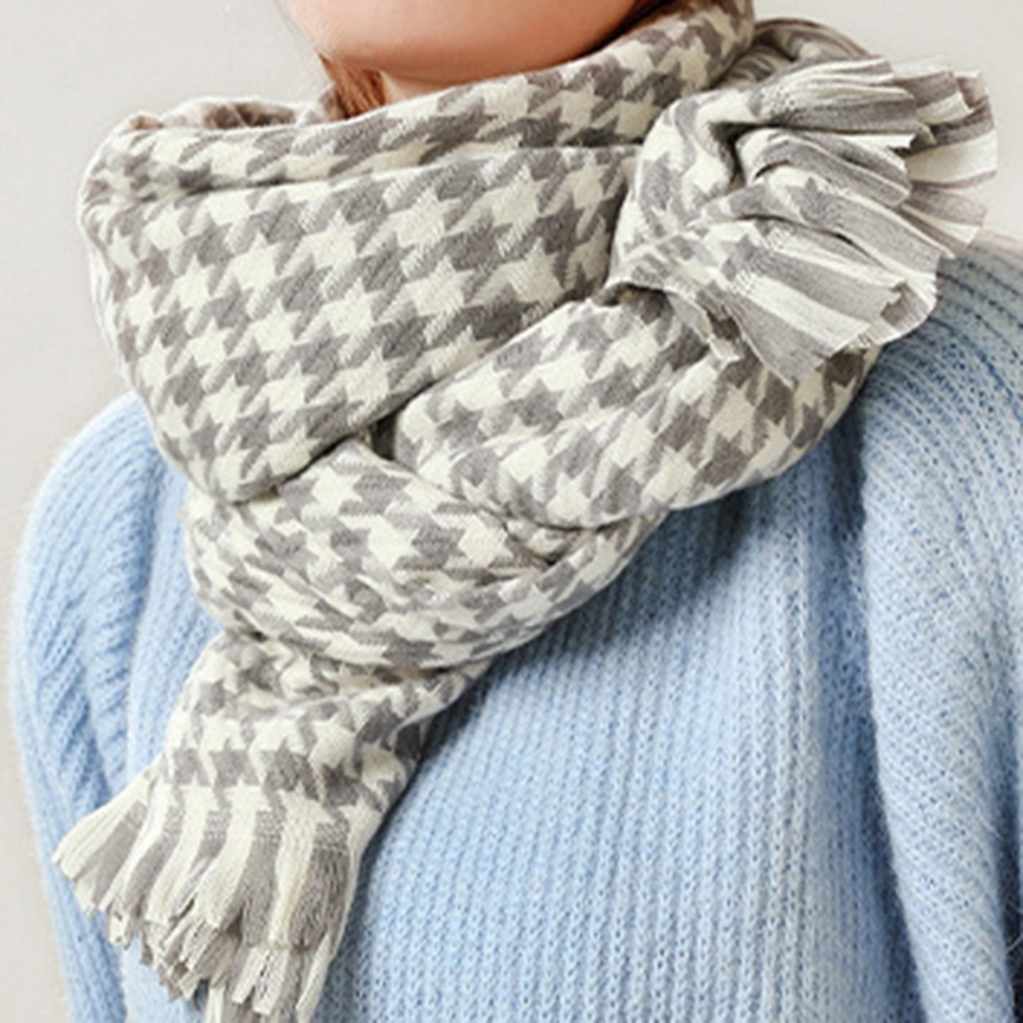 Houndstooth Woven Scarf with Soft Cozy Fabric Classic Black and White Check and Fringe Trim