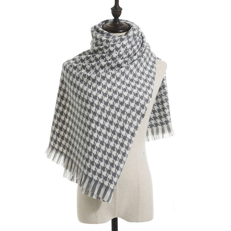 Houndstooth Woven Scarf with Soft Cozy Fabric Classic Black and White Check and Fringe Trim