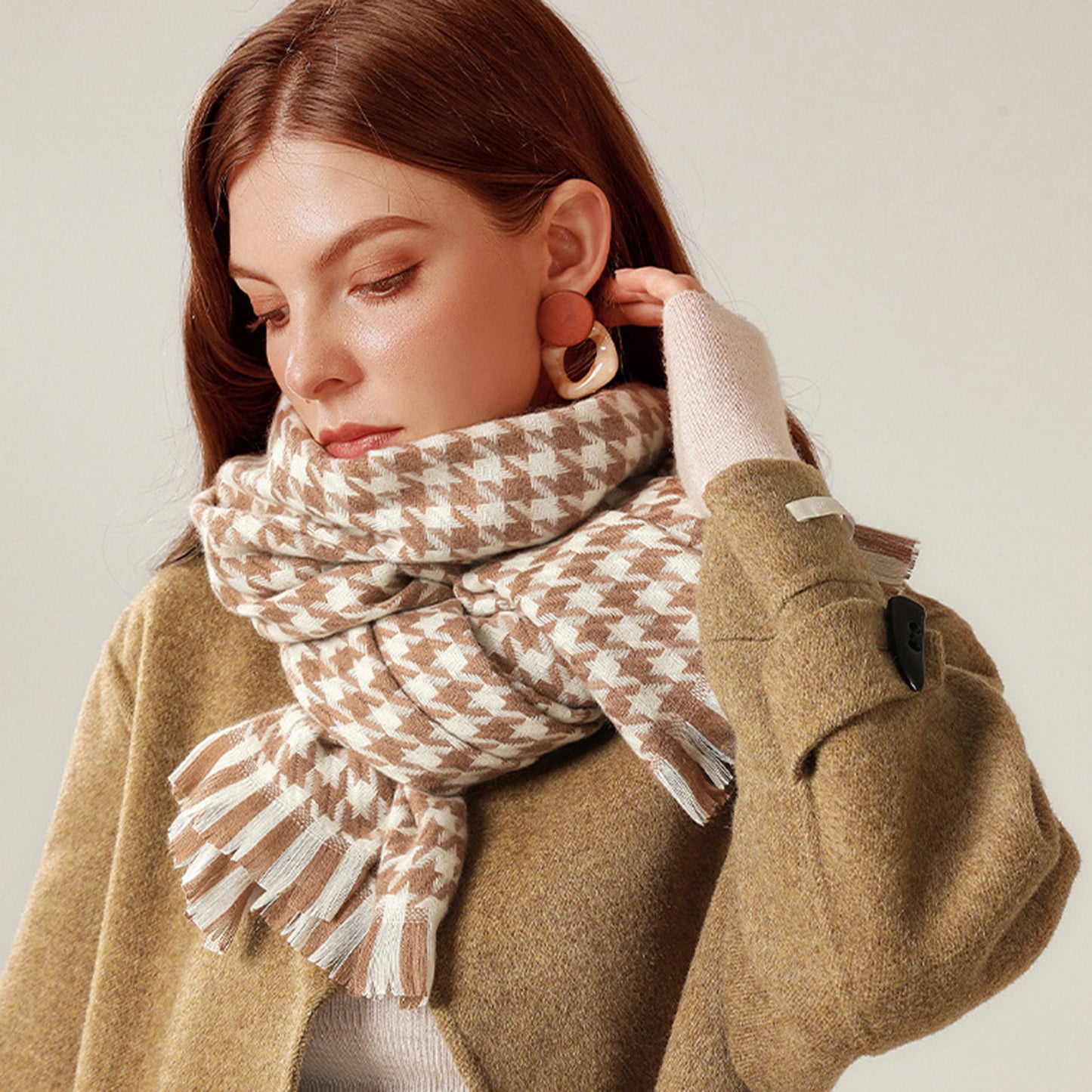 Houndstooth Woven Scarf with Soft Cozy Fabric Classic Black and White Check and Fringe Trim