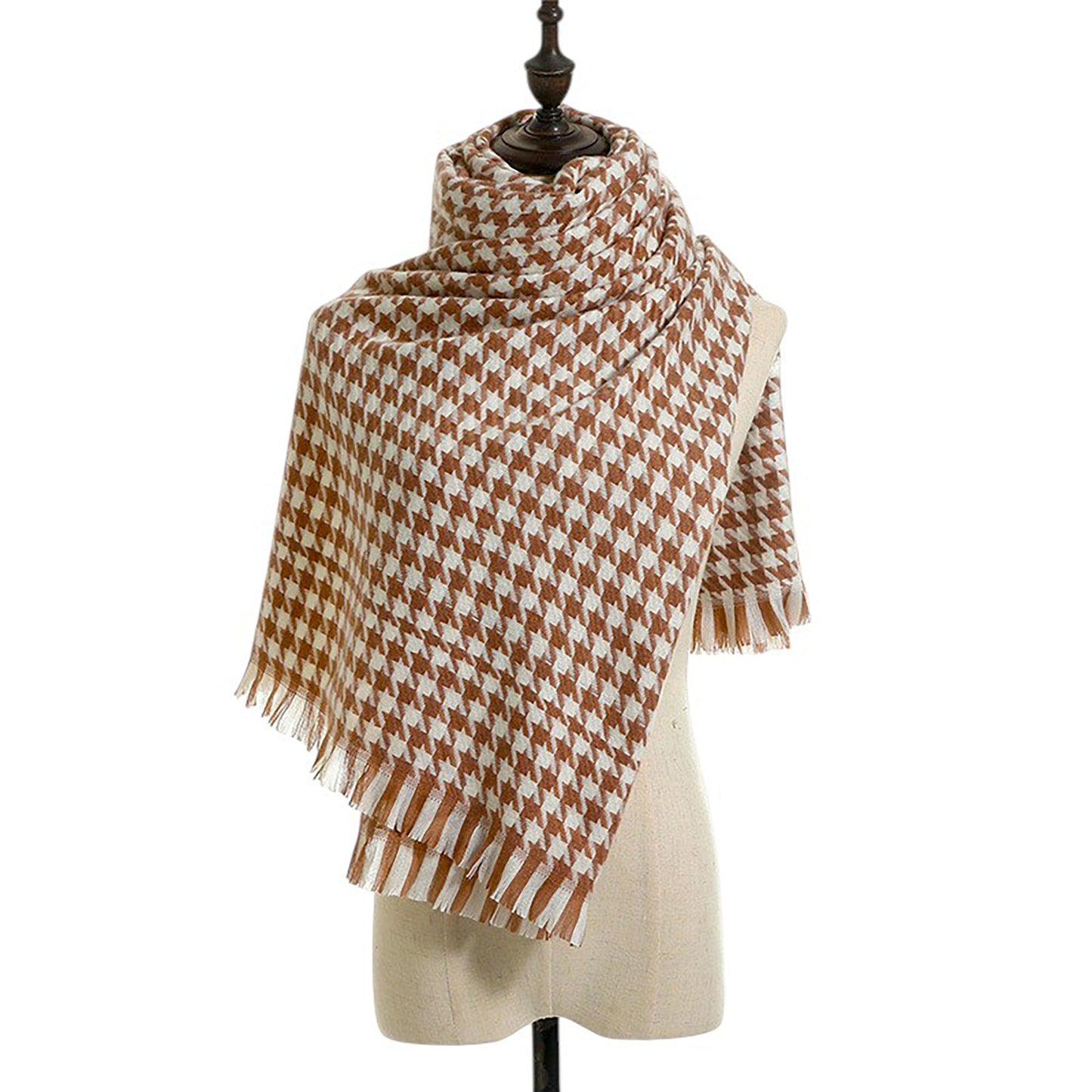 Houndstooth Woven Scarf with Soft Cozy Fabric Classic Black and White Check and Fringe Trim