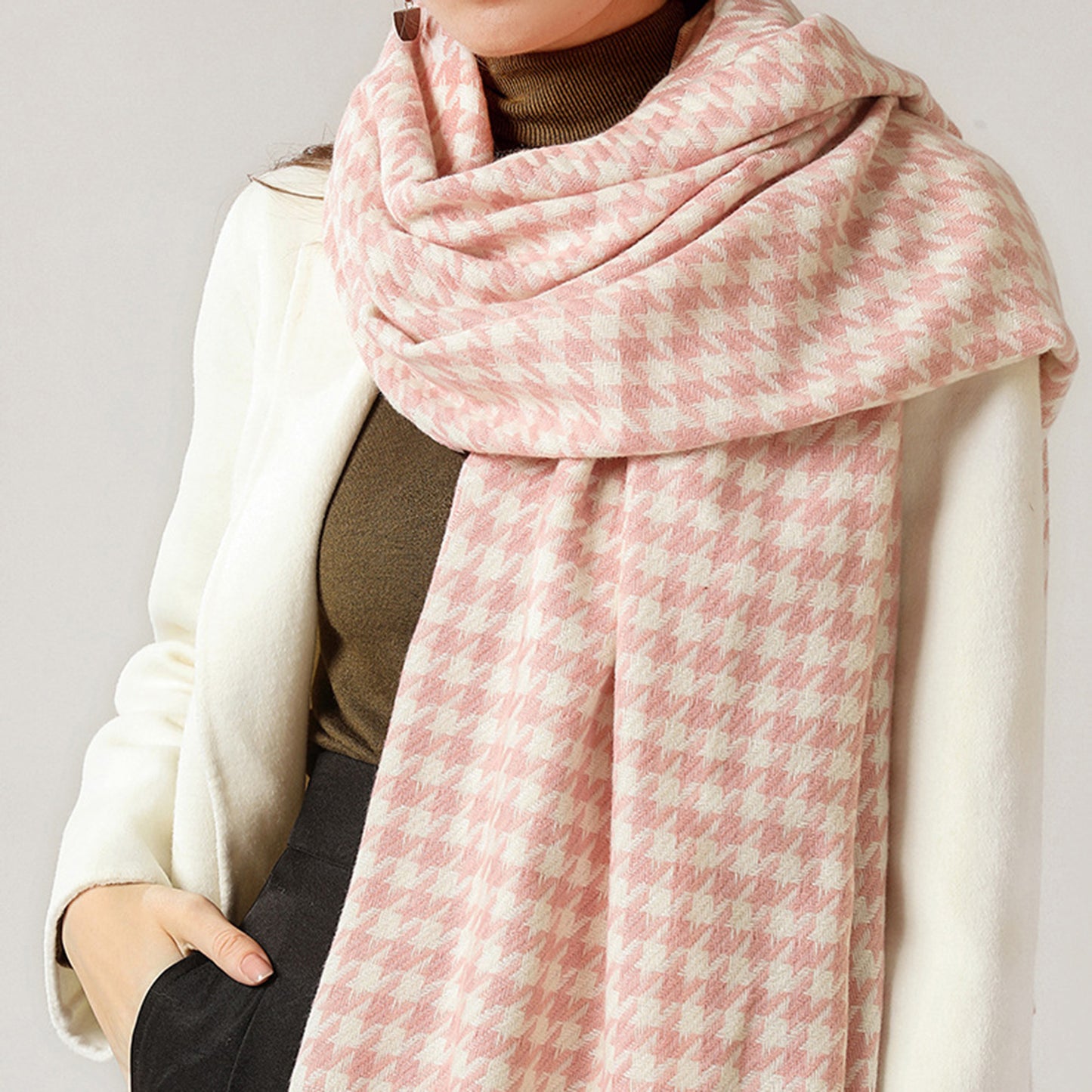 Houndstooth Woven Scarf with Soft Cozy Fabric Classic Black and White Check and Fringe Trim