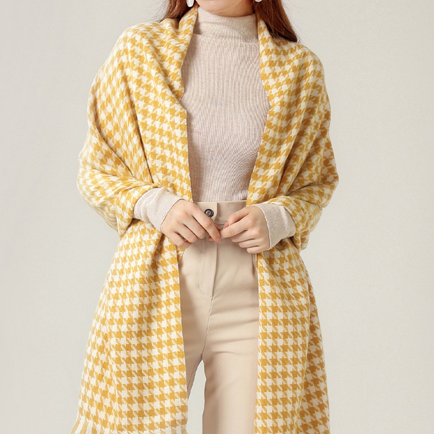 Houndstooth Woven Scarf with Soft Cozy Fabric Classic Black and White Check and Fringe Trim