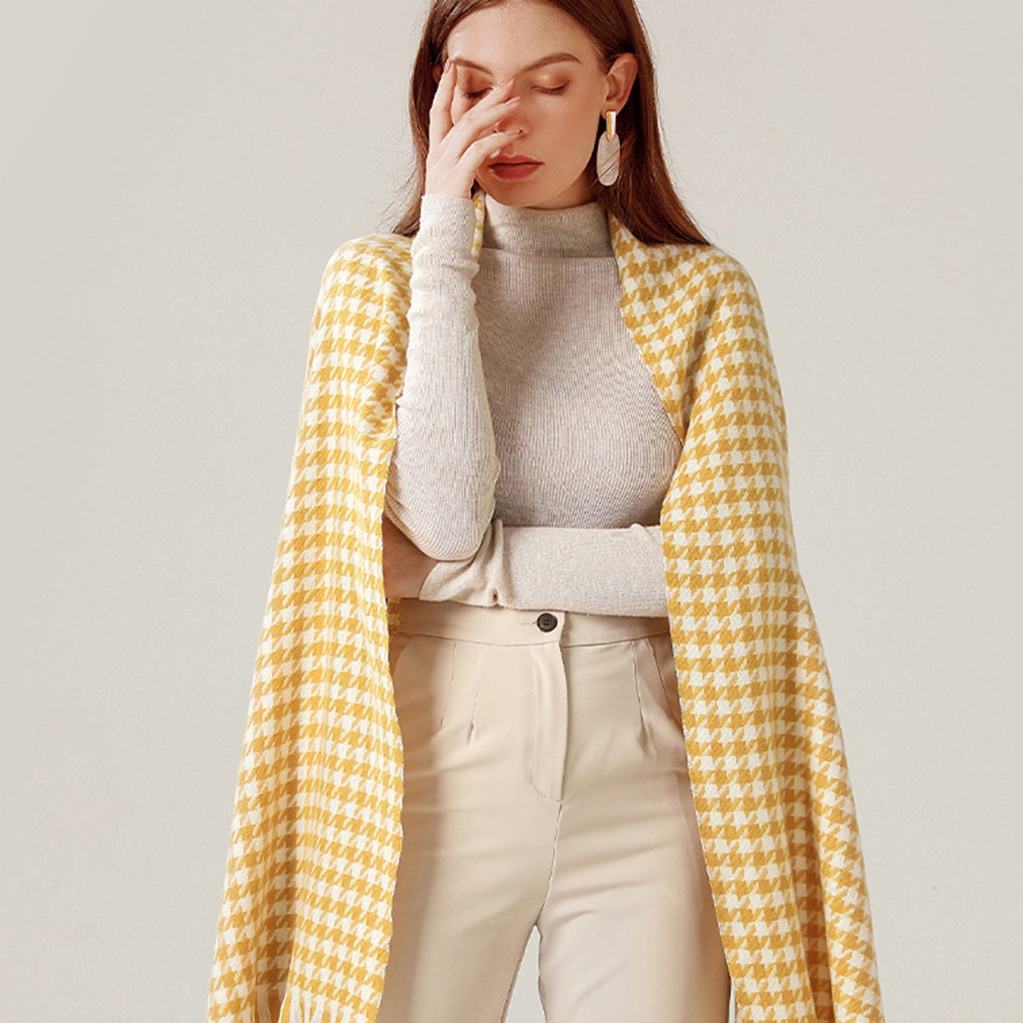 Houndstooth Woven Scarf with Soft Cozy Fabric Classic Black and White Check and Fringe Trim