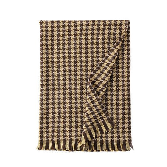 Houndstooth Woven Scarf with Soft Cozy Fabric Classic Pattern and Fringe Trim Detailing