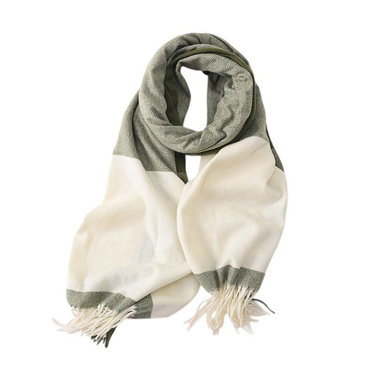 Striped Woven Scarf with Soft Cozy Fabric Two-Tone Design and Fringe Trim Detailing