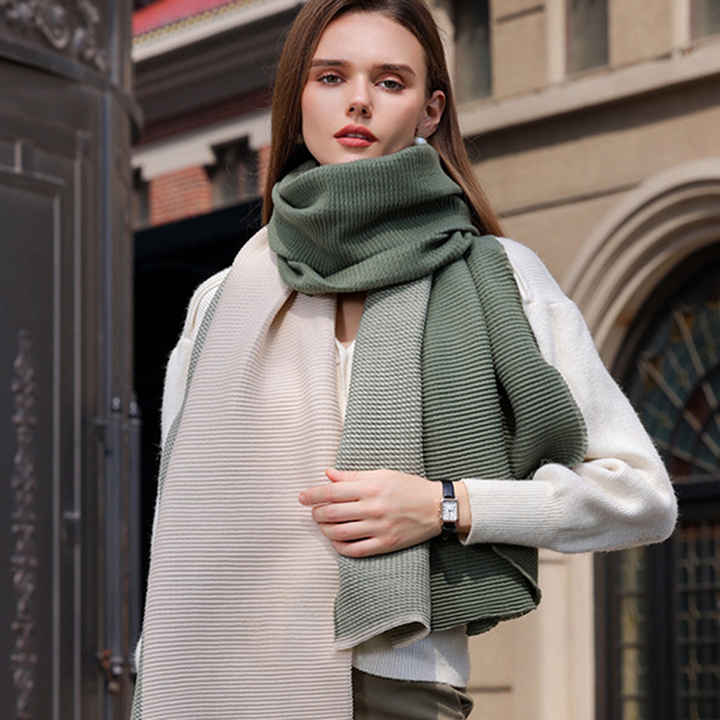 Color Block Woven Scarf with Soft Cozy Fabric Modern Neutral Tones and Textured Design