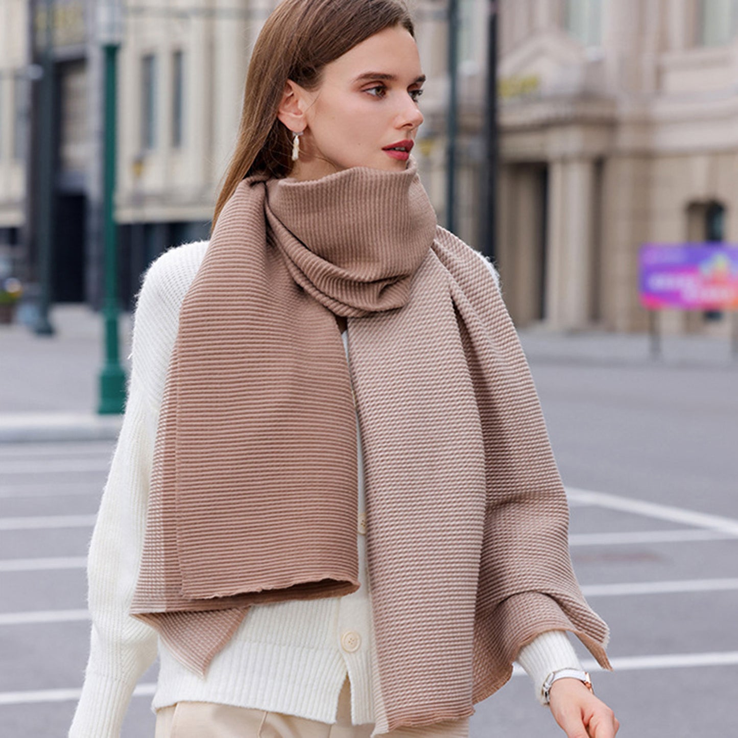 Color Block Woven Scarf with Soft Cozy Fabric Modern Neutral Tones and Textured Design