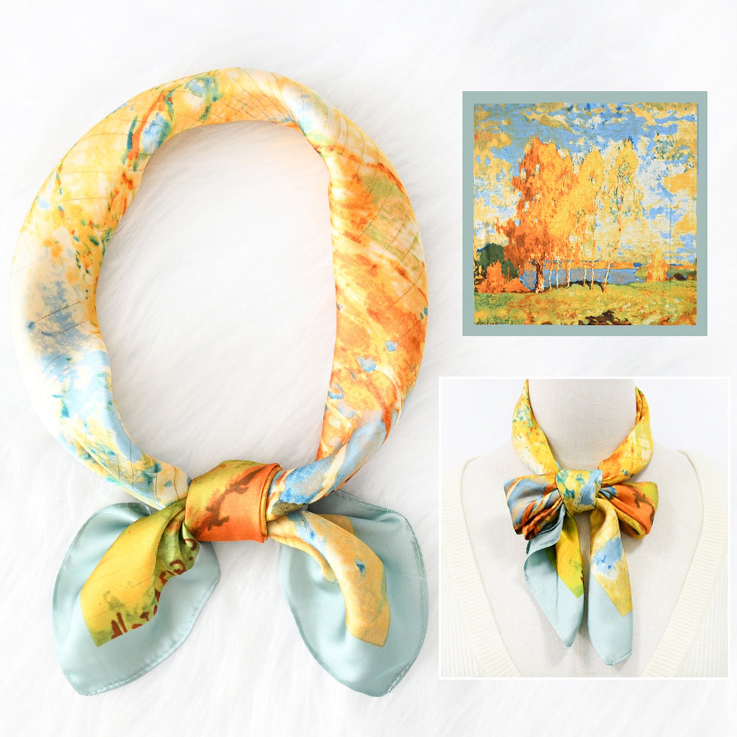 Satin Square Scarf with Vibrant Artistic Prints and Versatile Styling - 27.5IN¡Á27.5IN