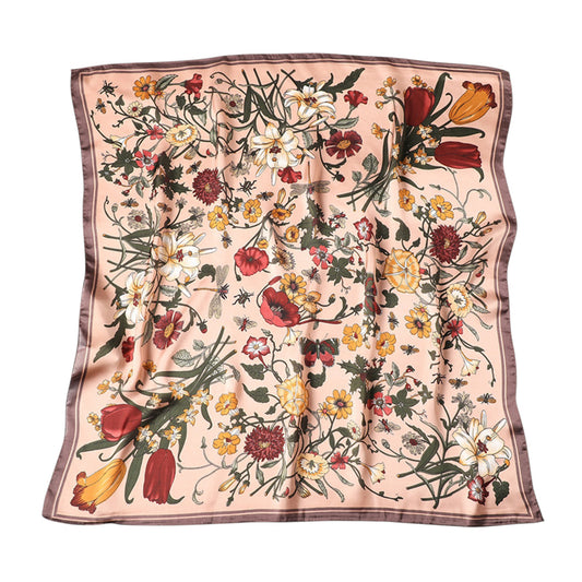 Satin Floral Print Square Scarf with Elegant Vintage Inspired Design - 27.5IN¡Á27.5IN