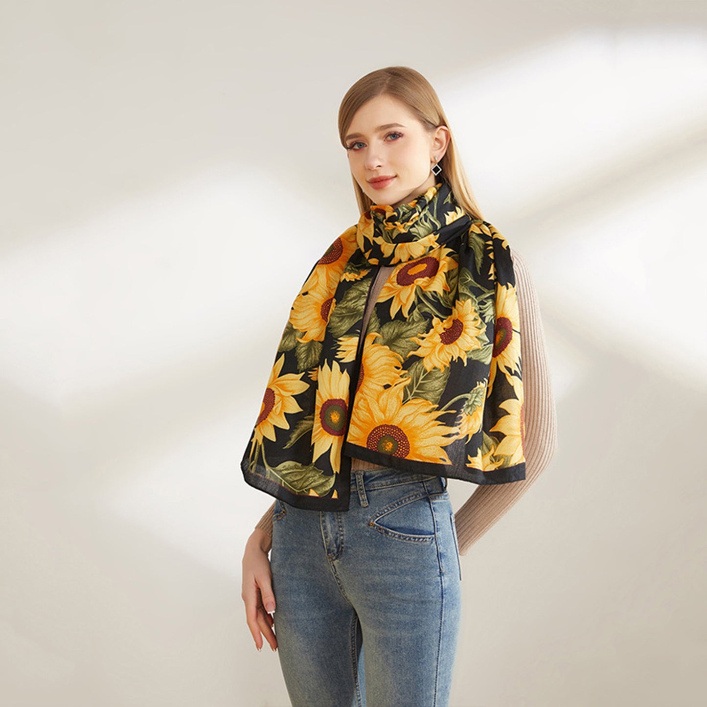 Sunflower Print Velvet Feel Autumn Winter Scarf with Warm Soft Texture - 71IN¡Á27N