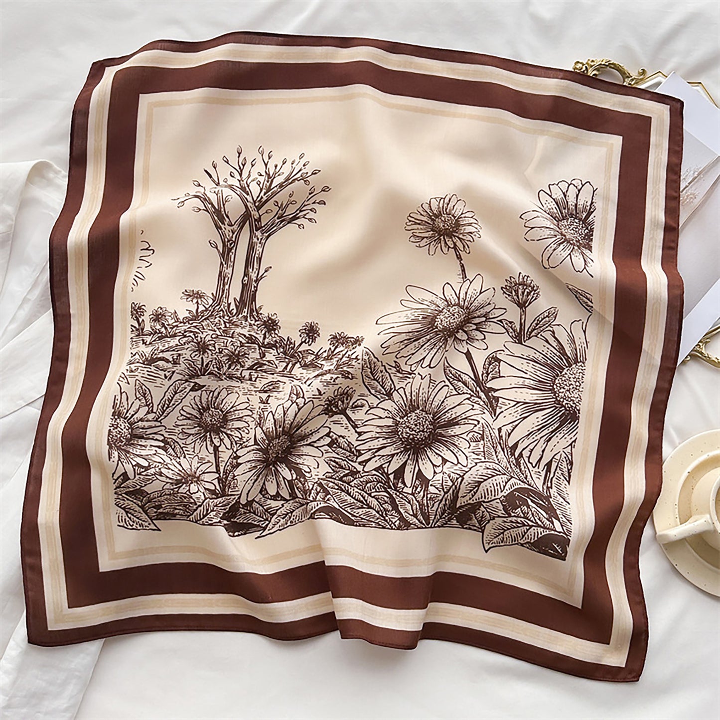 Floral Print Square Scarf with Striped Border 26.7¡Á26.7 inches