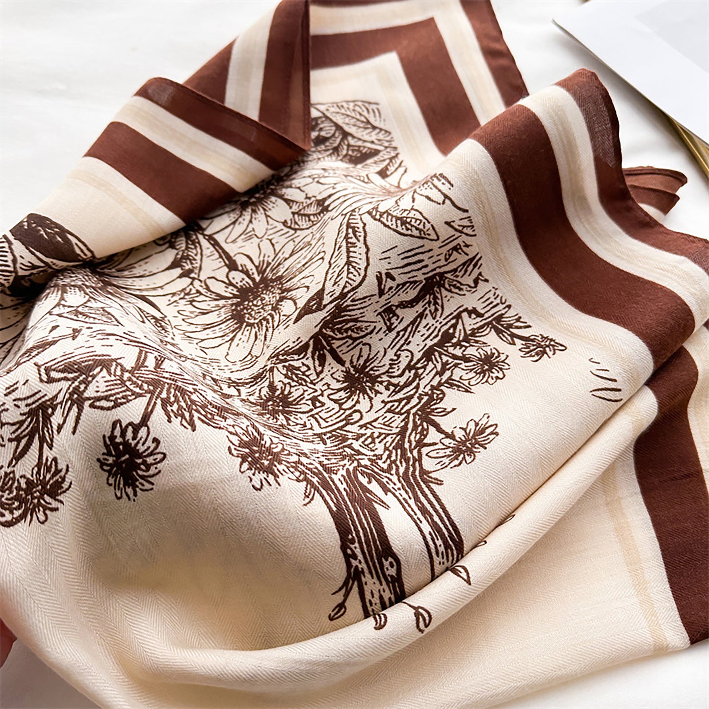 Floral Print Square Scarf with Striped Border 26.7¡Á26.7 inches