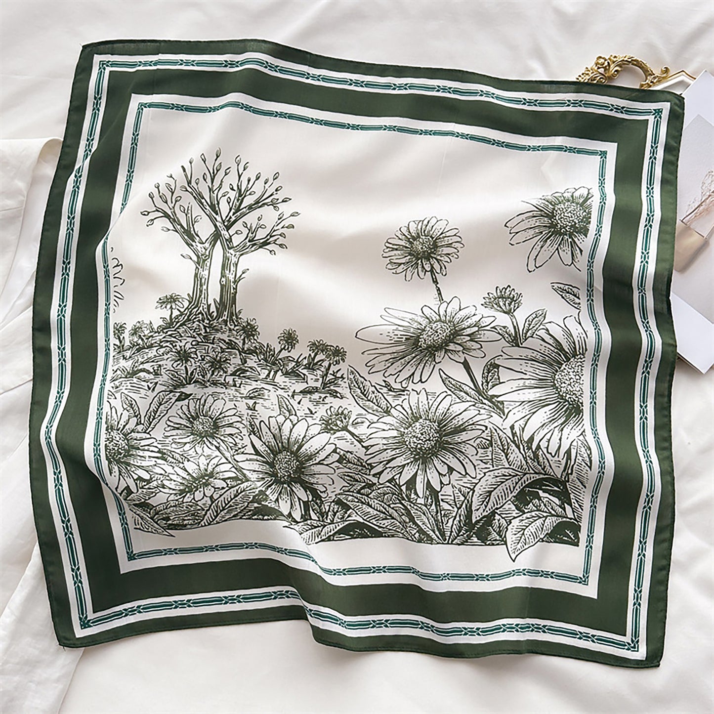 Floral Print Square Scarf with Striped Border 26.7¡Á26.7 inches