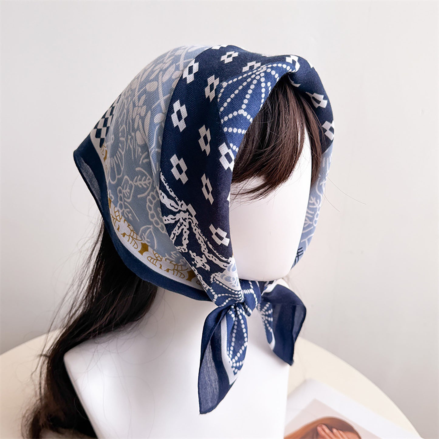 Patchwork Geometric Print Cotton-Linen Feel Square Scarf 26.7¡Á26.7 Inches