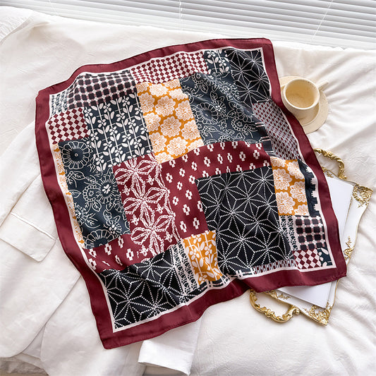 Patchwork Geometric Print Cotton-Linen Feel Square Scarf 26.7¡Á26.7 Inches