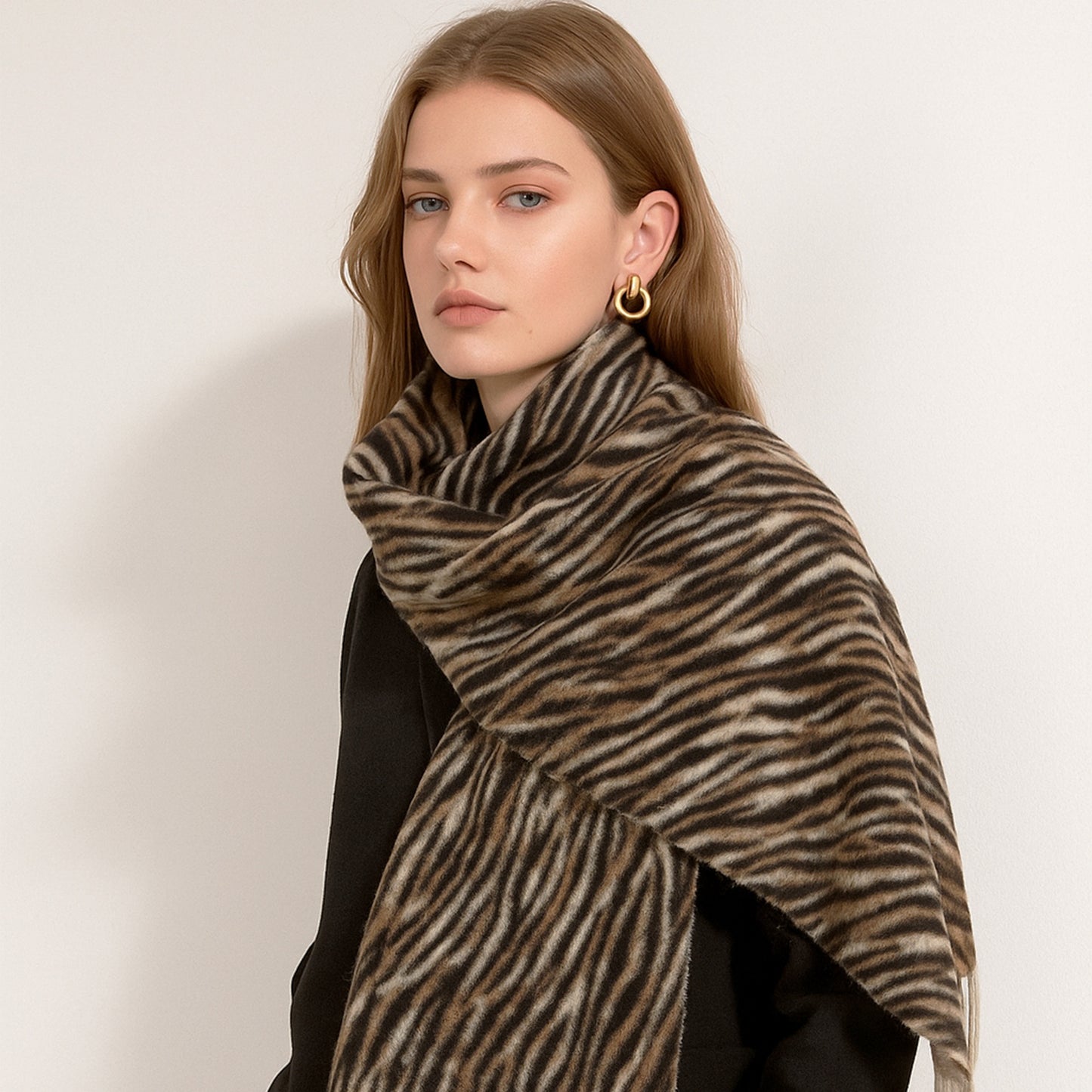 Zebra Pattern Soft Brushed Scarf with Fringe Tassel Ends 70.5¡Á27.5 Inches