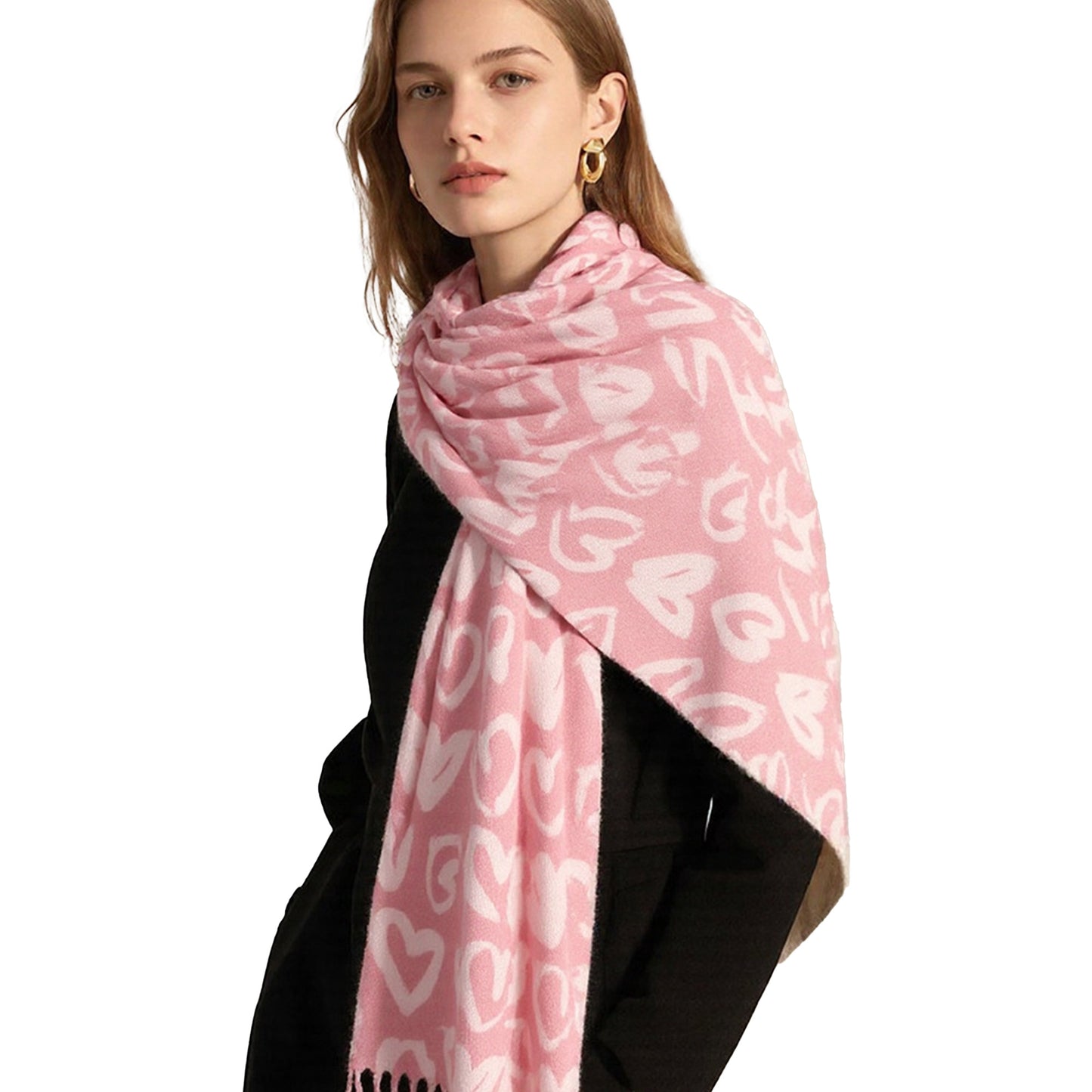 Soft Heart Pattern Brushed Scarf with Fringe Tassel Ends 70.5¡Á27.5 Inches