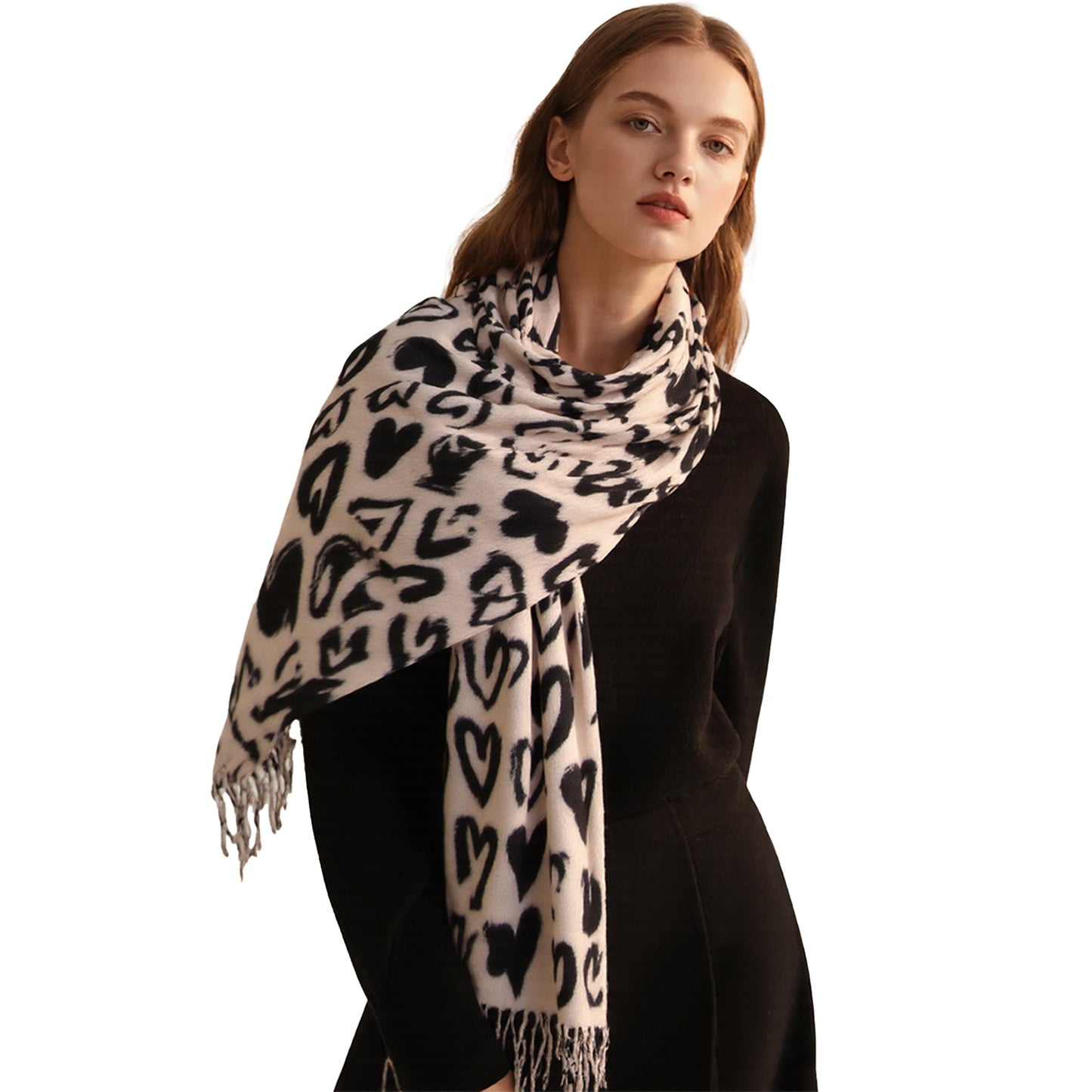 Soft Heart Pattern Brushed Scarf with Fringe Tassel Ends 70.5¡Á27.5 Inches