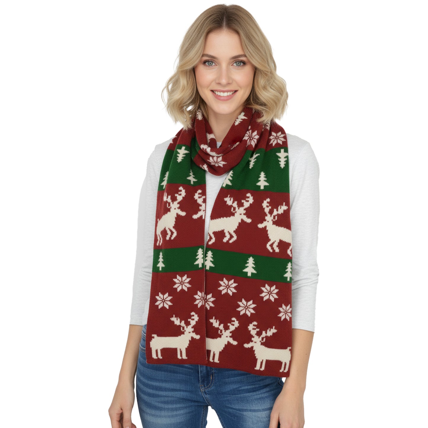 Knitted Winter Scarf with Reindeer and Snowflake Holiday Pattern 66¡Á12 Inches