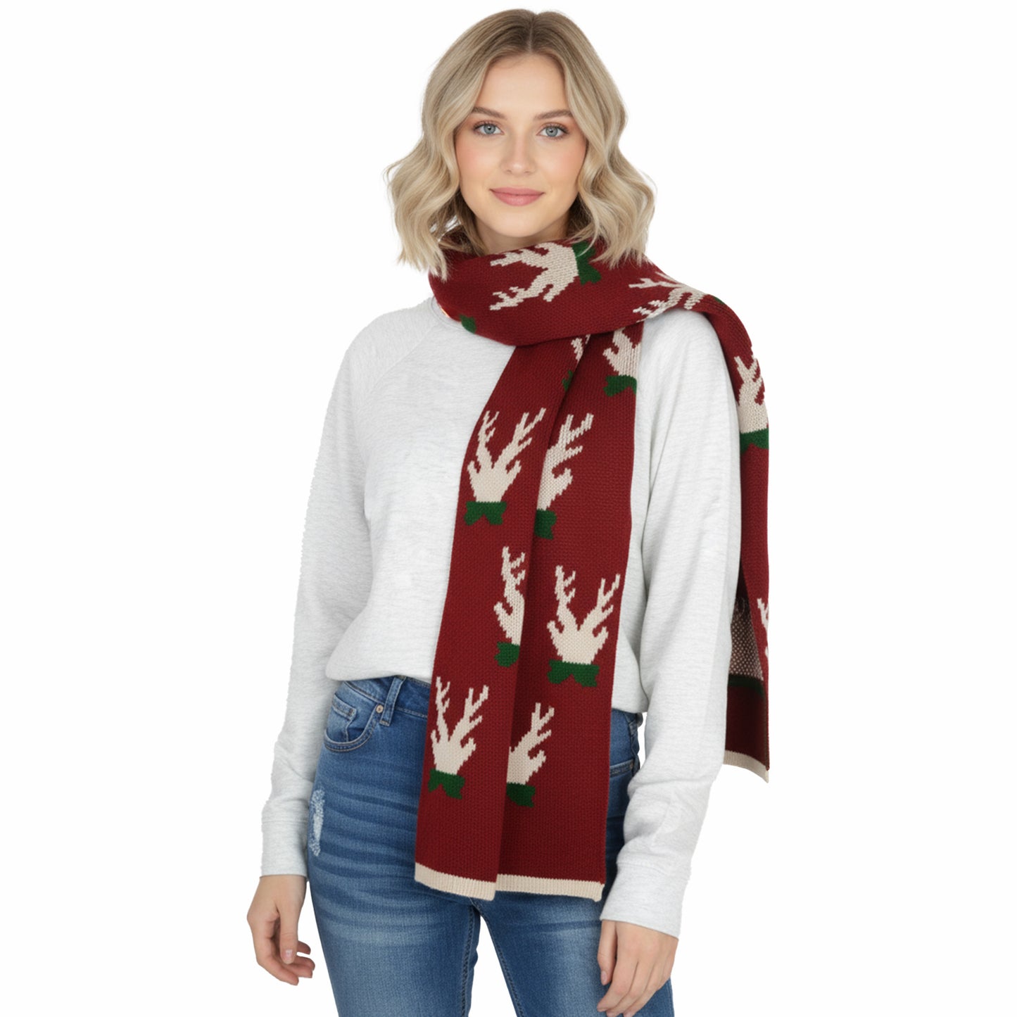Knitted Winter Scarf with Reindeer and Snowflake Holiday Pattern 66¡Á12 Inches