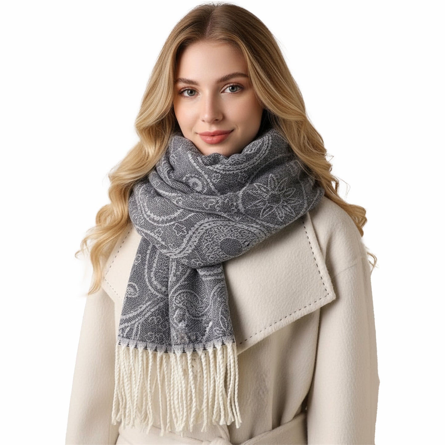Jacquard Knit Scarf with Tassel Fringe and Bohemian Floral Pattern 78.5¡Á26 Inches