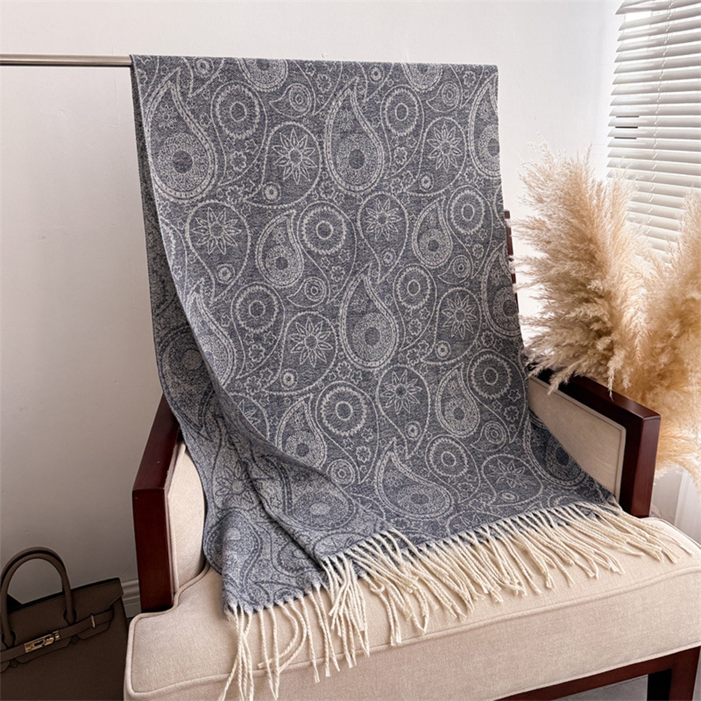 Jacquard Knit Scarf with Tassel Fringe and Bohemian Floral Pattern 78.5¡Á26 Inches