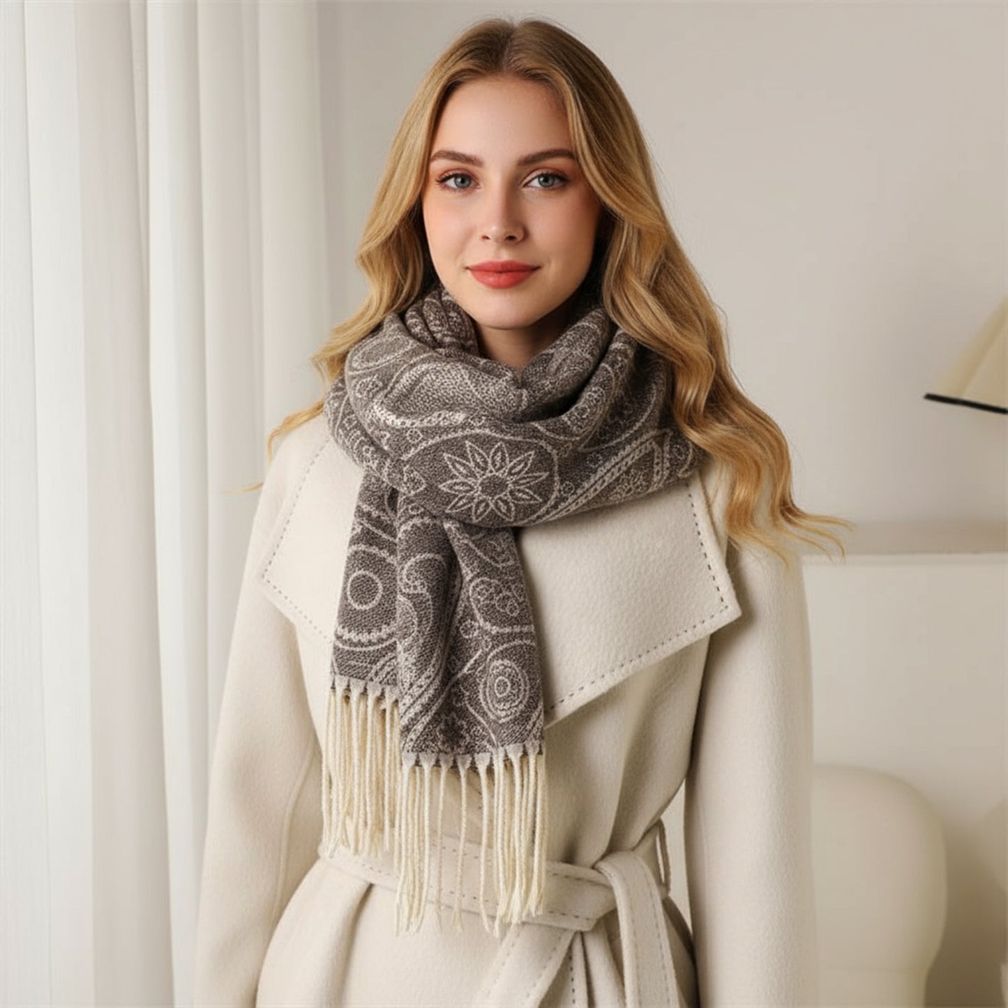 Jacquard Knit Scarf with Tassel Fringe and Bohemian Floral Pattern 78.5¡Á26 Inches