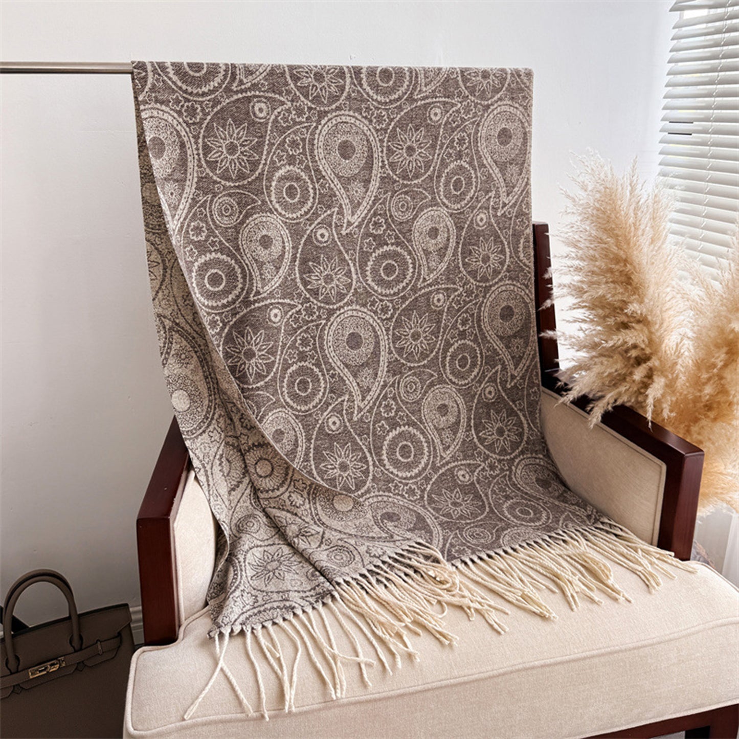 Jacquard Knit Scarf with Tassel Fringe and Bohemian Floral Pattern 78.5¡Á26 Inches