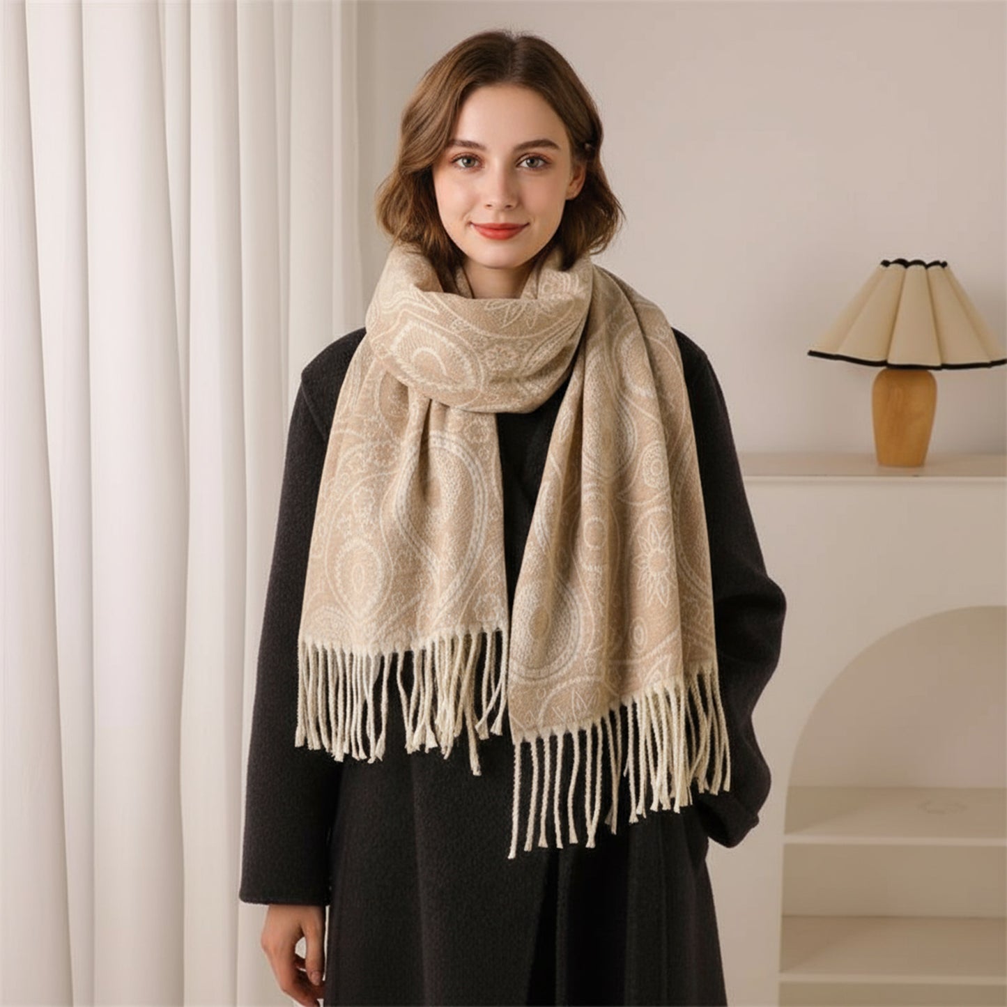 Jacquard Knit Scarf with Tassel Fringe and Bohemian Floral Pattern 78.5¡Á26 Inches