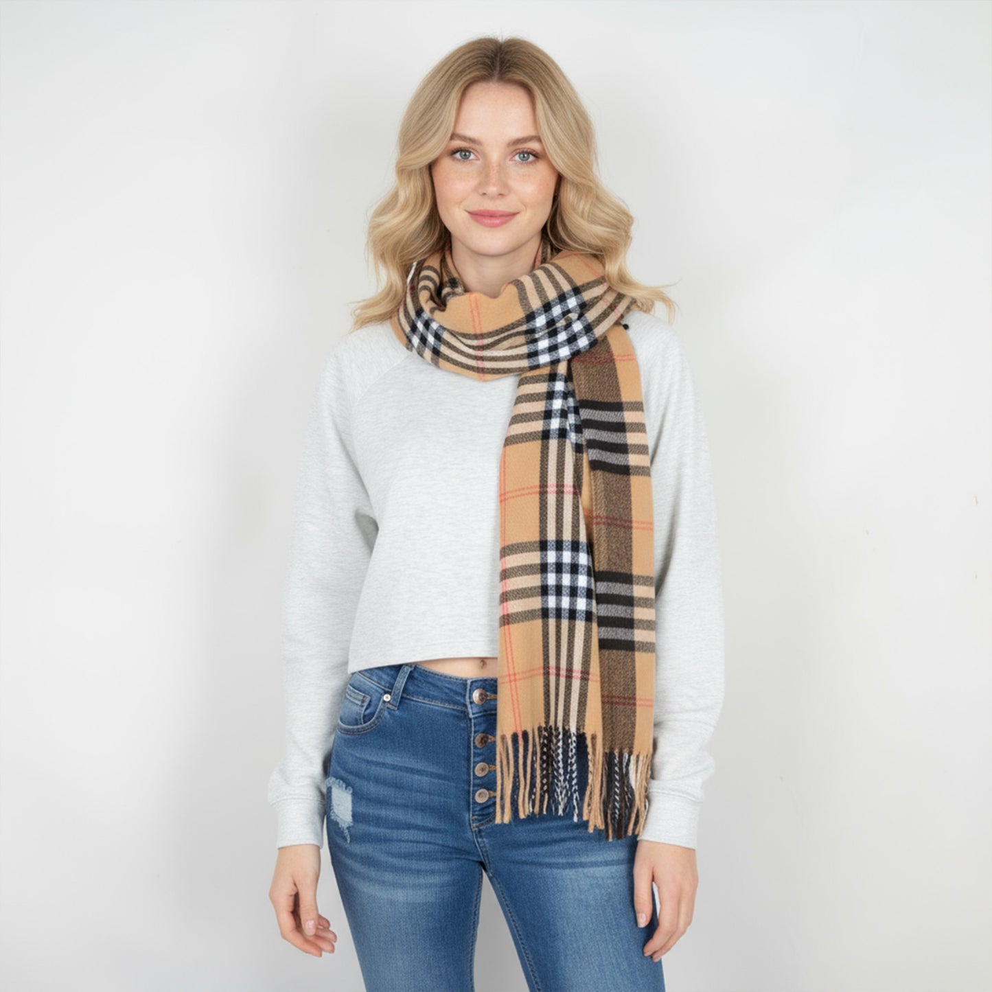 Classic Plaid Cashmere-Feel Scarf with Fringed Edges 78.5¡Á24 Inches