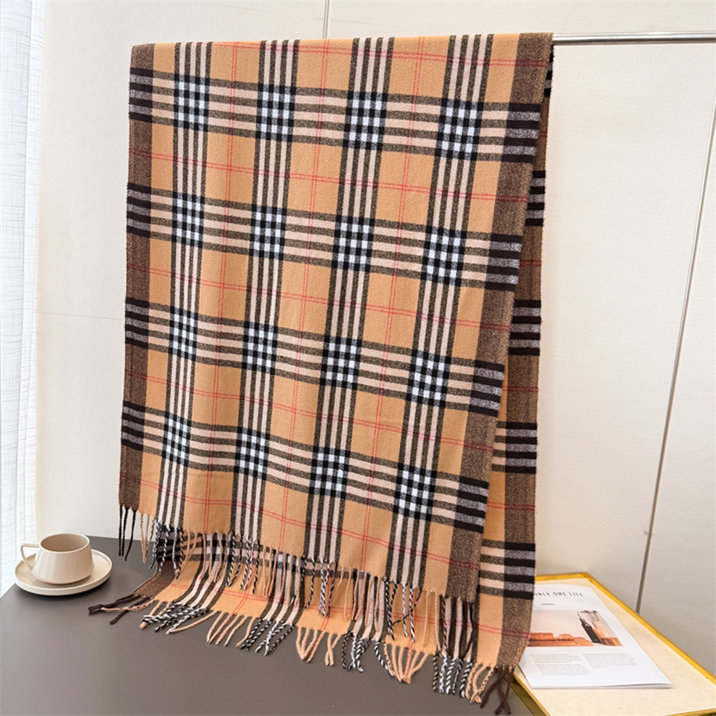 Classic Plaid Cashmere-Feel Scarf with Fringed Edges 78.5¡Á24 Inches