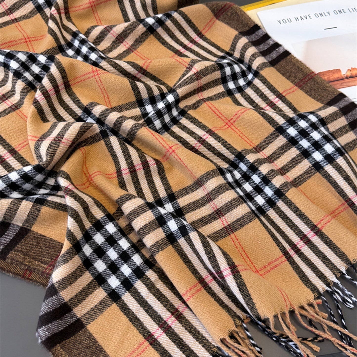 Classic Plaid Cashmere-Feel Scarf with Fringed Edges 78.5¡Á24 Inches