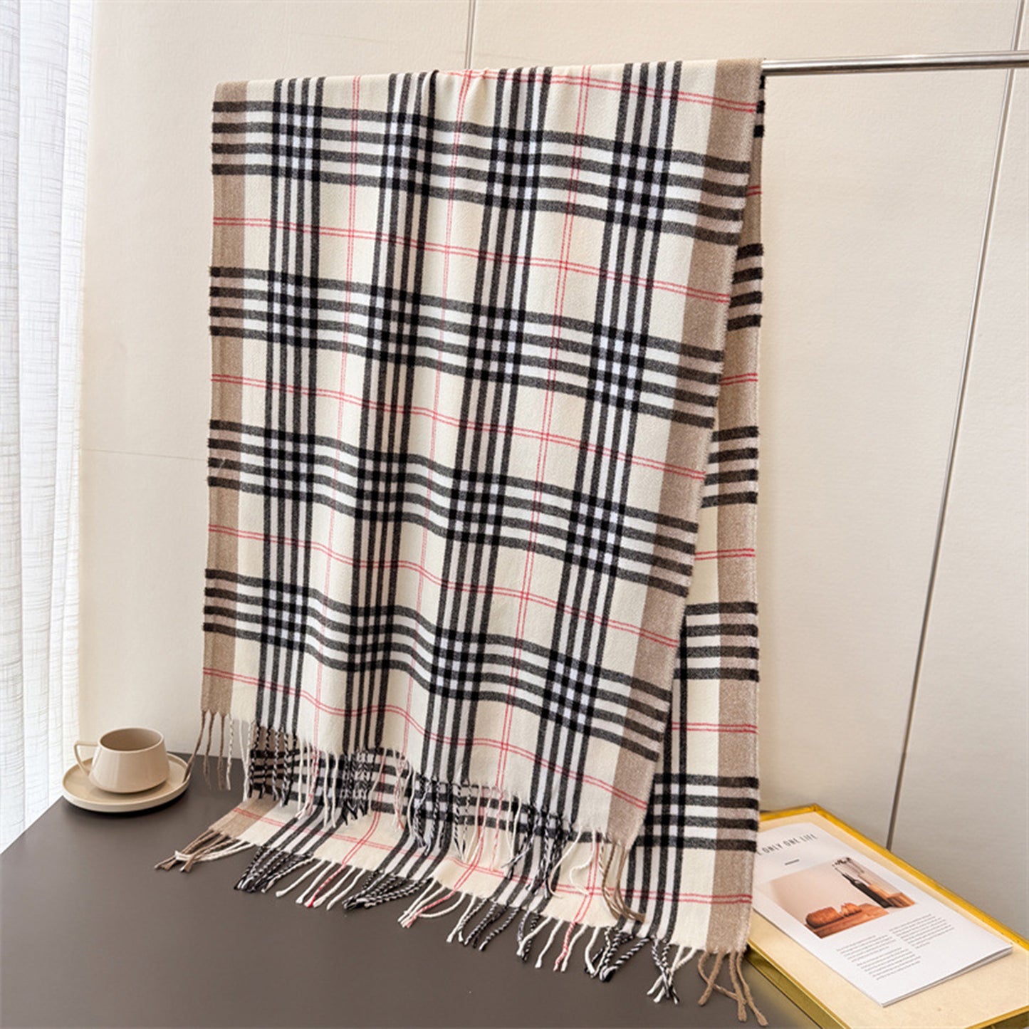 Classic Plaid Cashmere-Feel Scarf with Fringed Edges 78.5¡Á24 Inches