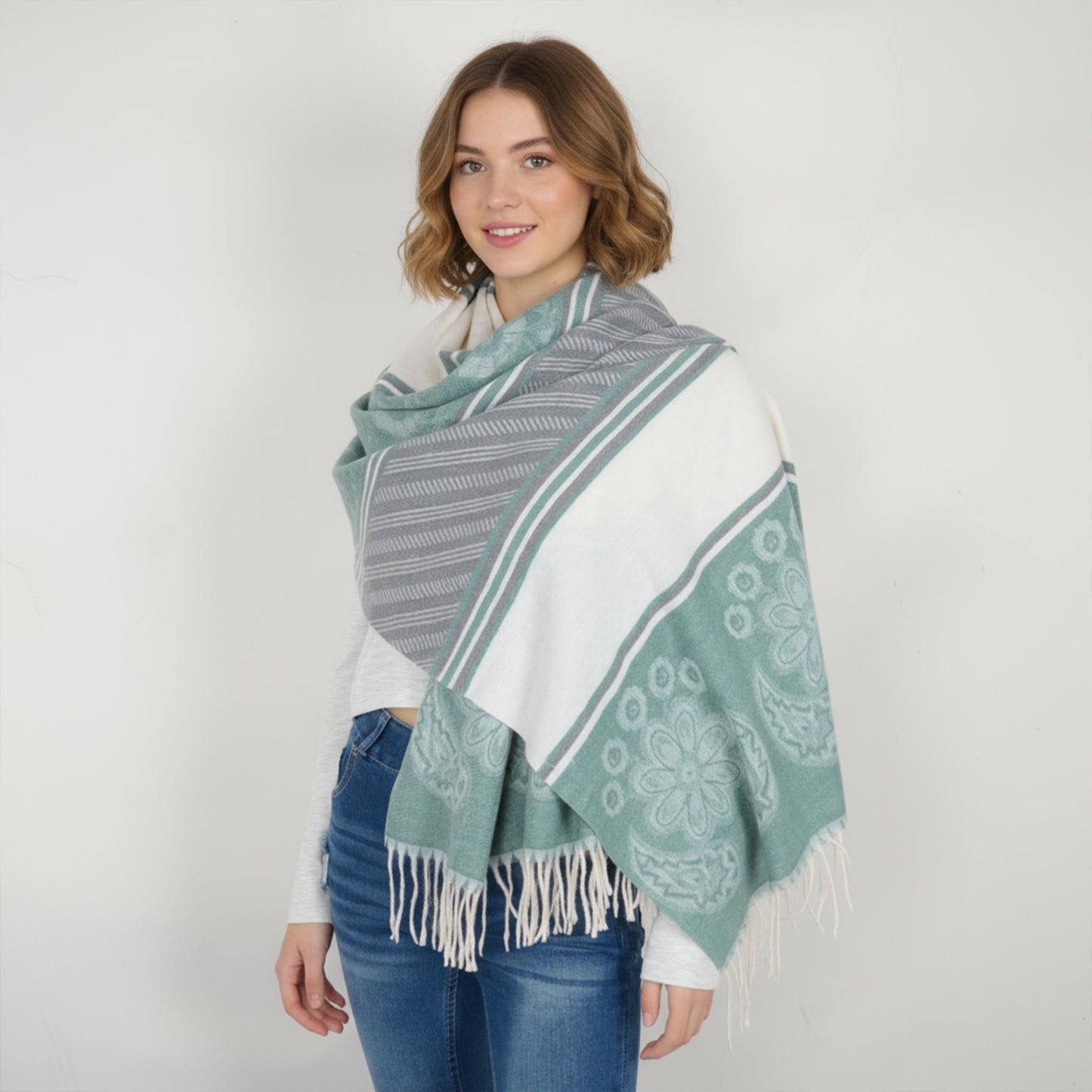 Scarf with Jacquard Geometric and Paisley Pattern Fringe Design 78.5¡Á27.5 Inches