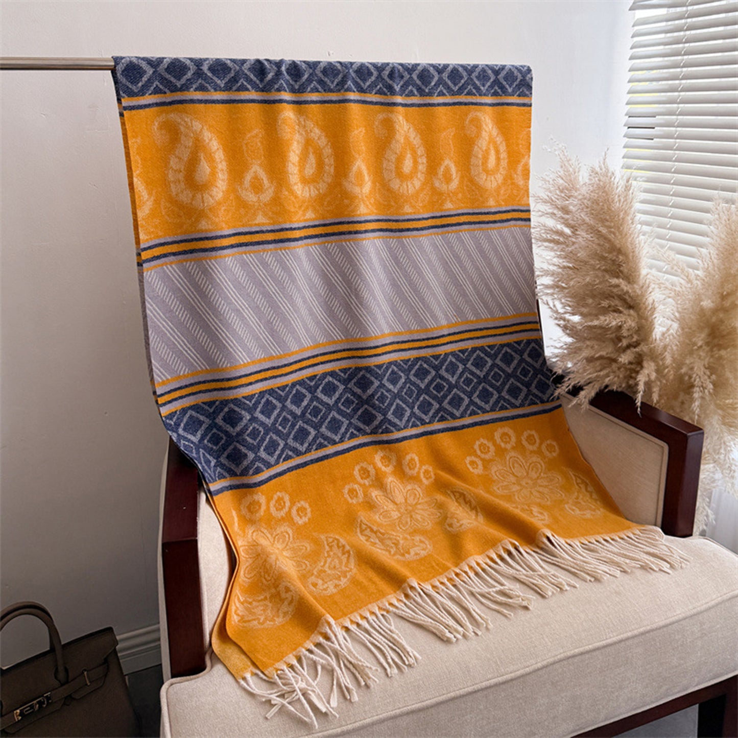 Scarf with Jacquard Geometric and Paisley Pattern Fringe Design 78.5¡Á27.5 Inches