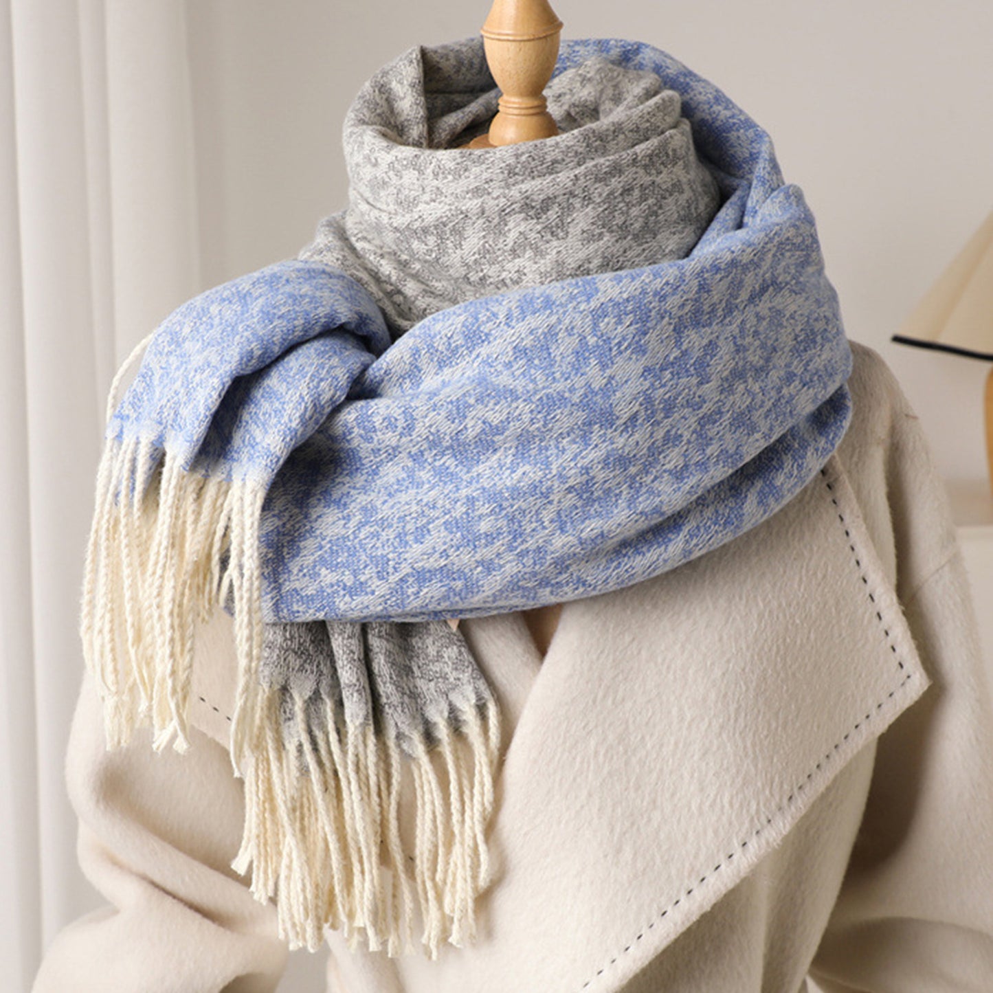 Reversible Cashmere-Feel Scarf with Fringe Tassel Trim 78.5¡Á26 Inches