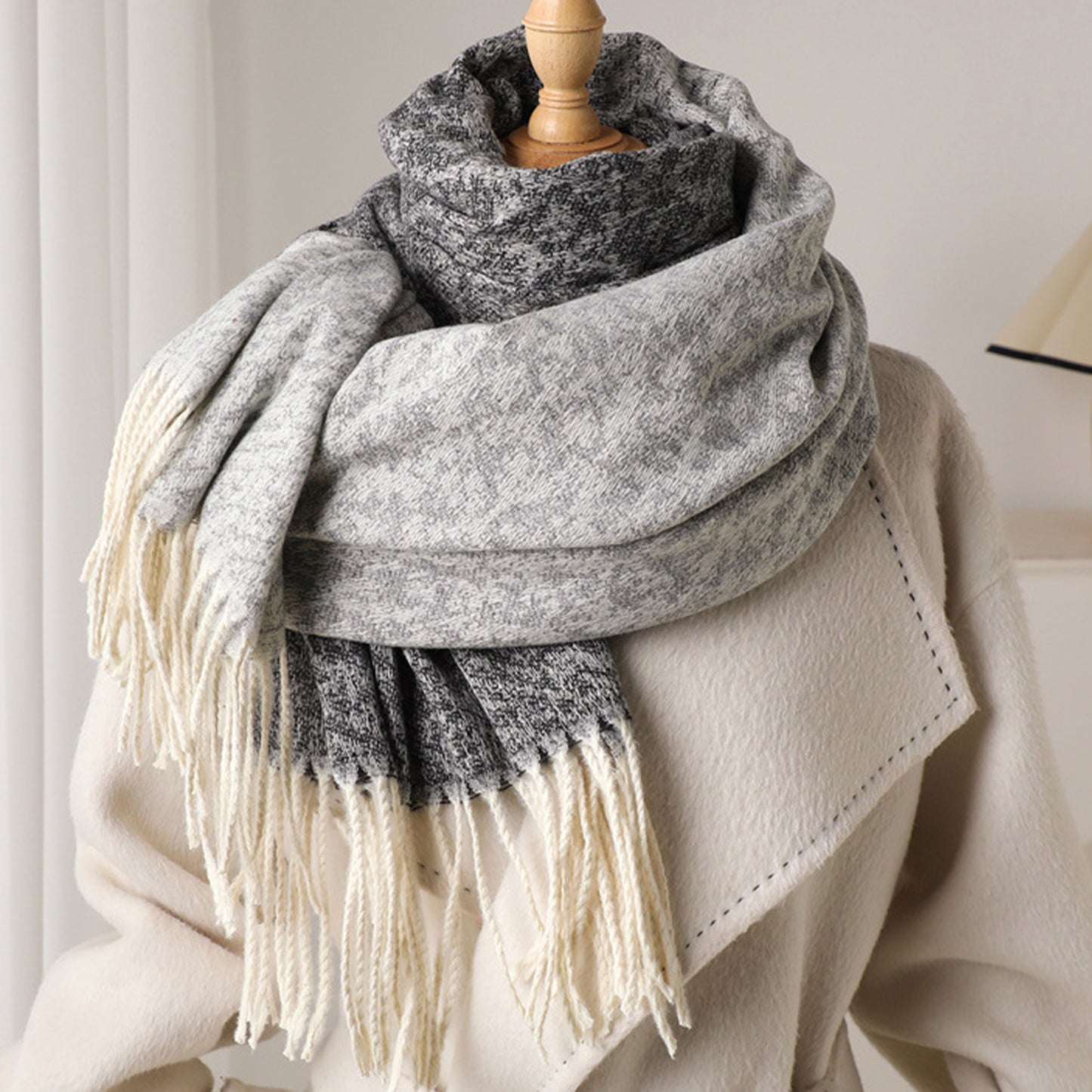Reversible Cashmere-Feel Scarf with Fringe Tassel Trim 78.5¡Á26 Inches