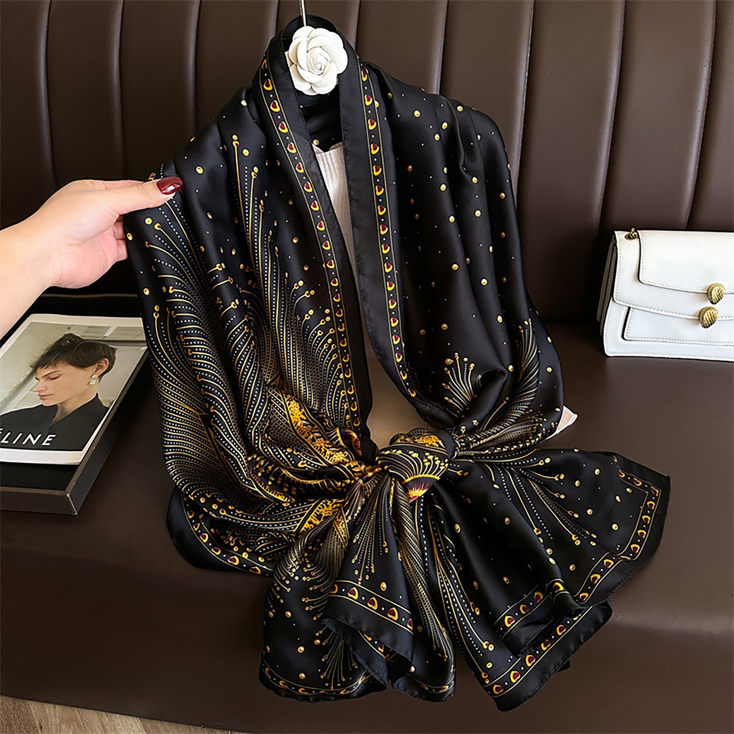 Long Satin Scarf with Gold Peacock Feather Print 70.8¡Á31.5 Inches