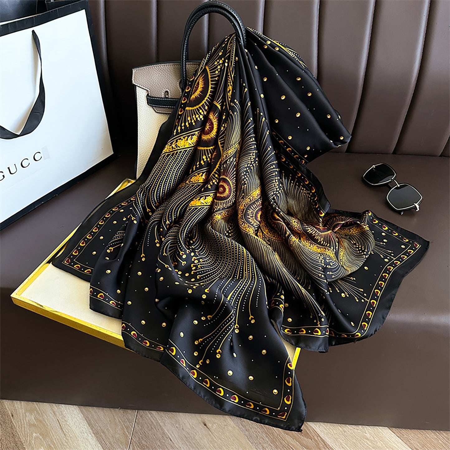 Long Satin Scarf with Gold Peacock Feather Print 70.8¡Á31.5 Inches
