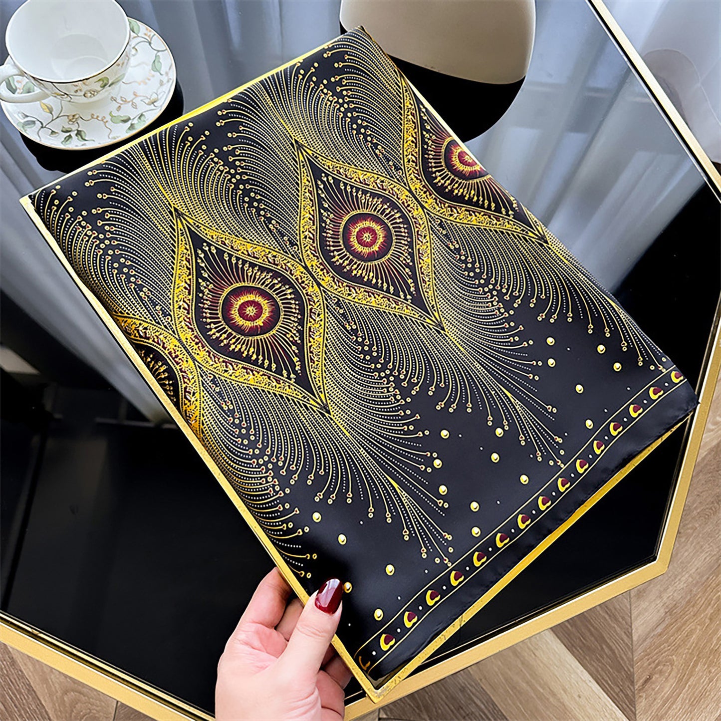 Long Satin Scarf with Gold Peacock Feather Print 70.8¡Á31.5 Inches