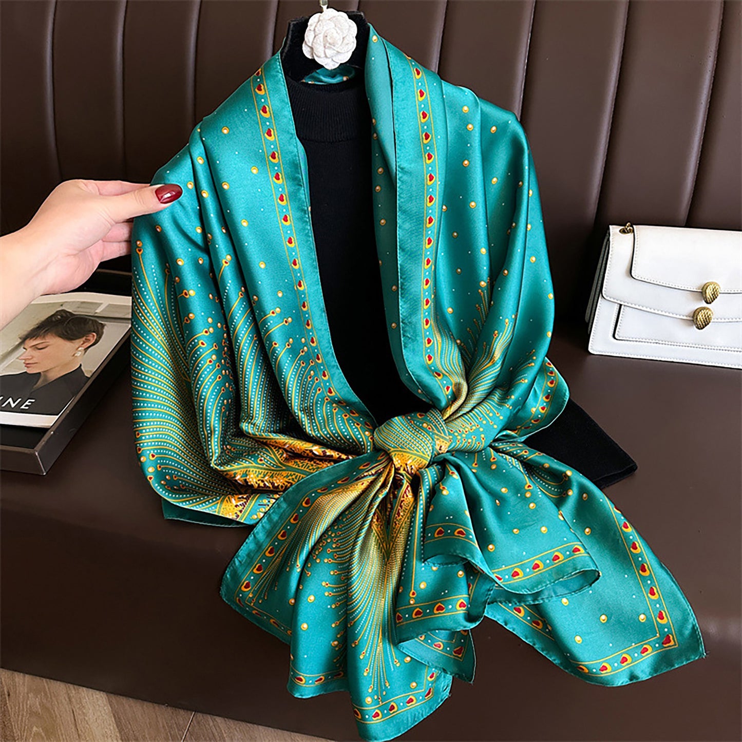 Long Satin Scarf with Gold Peacock Feather Print 70.8¡Á31.5 Inches
