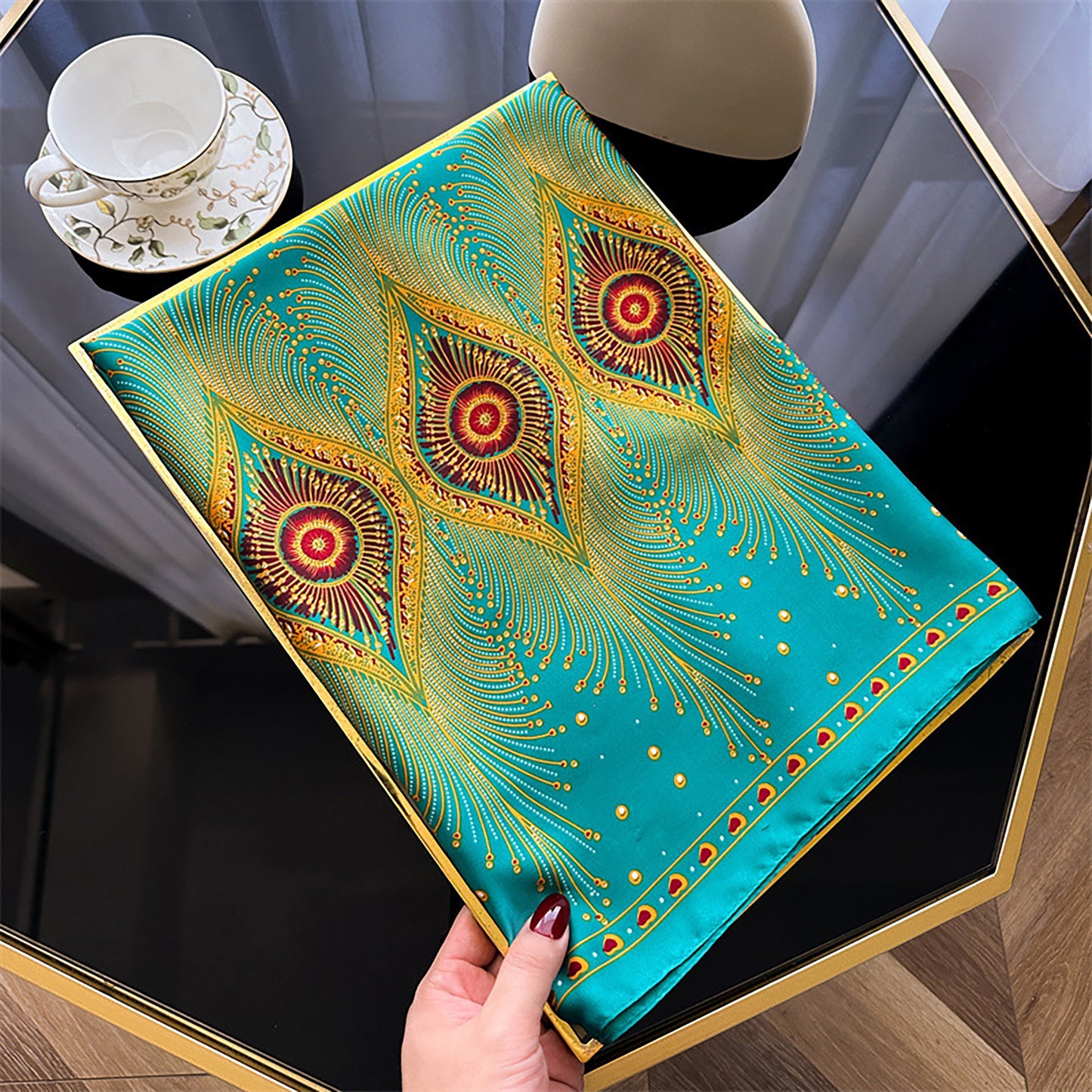 Long Satin Scarf with Gold Peacock Feather Print 70.8¡Á31.5 Inches