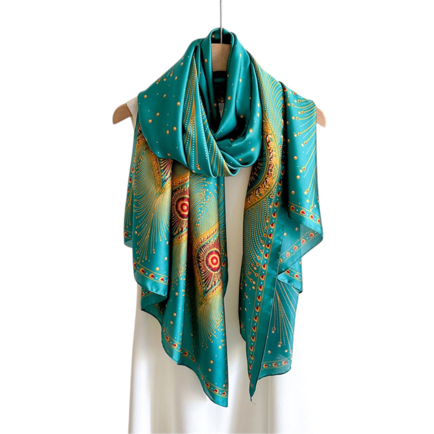 Long Satin Scarf with Gold Peacock Feather Print 70.8¡Á31.5 Inches